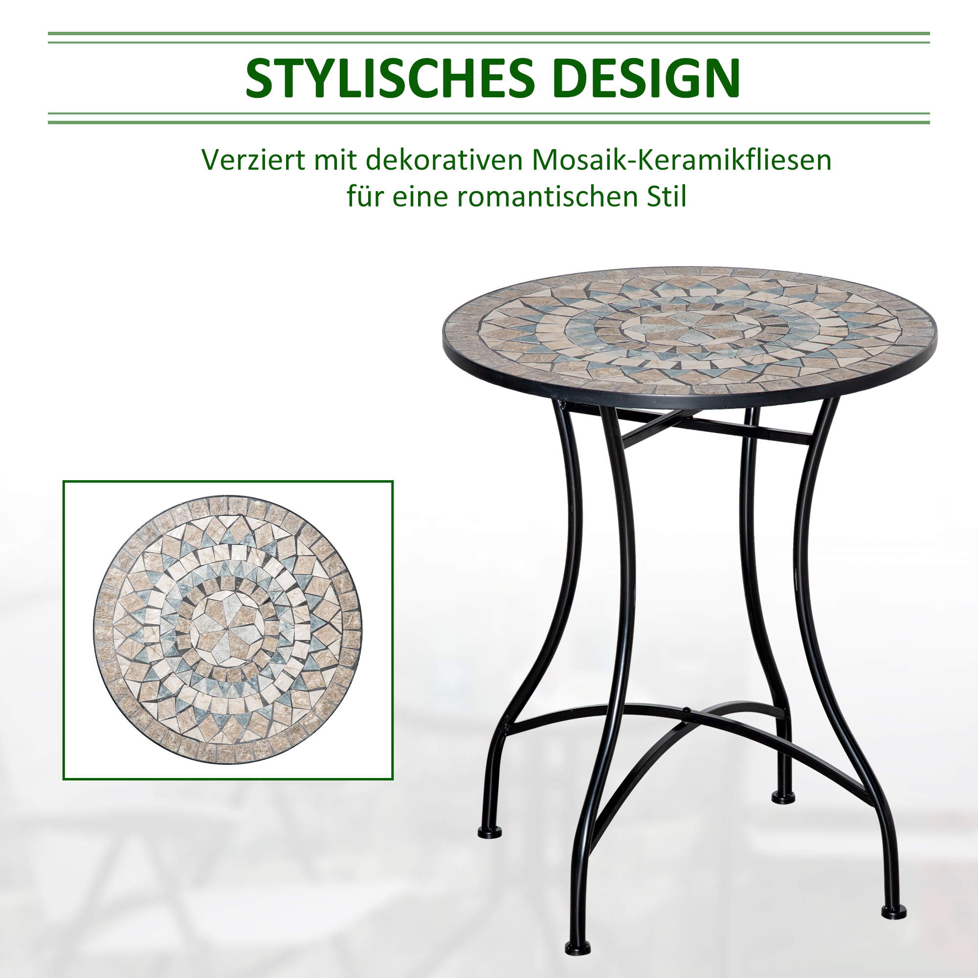 Stijlvolle   Ronde Tuintafel met Keramisch Moza?ekblad in Groen, Beige en Wit - ?60 cm