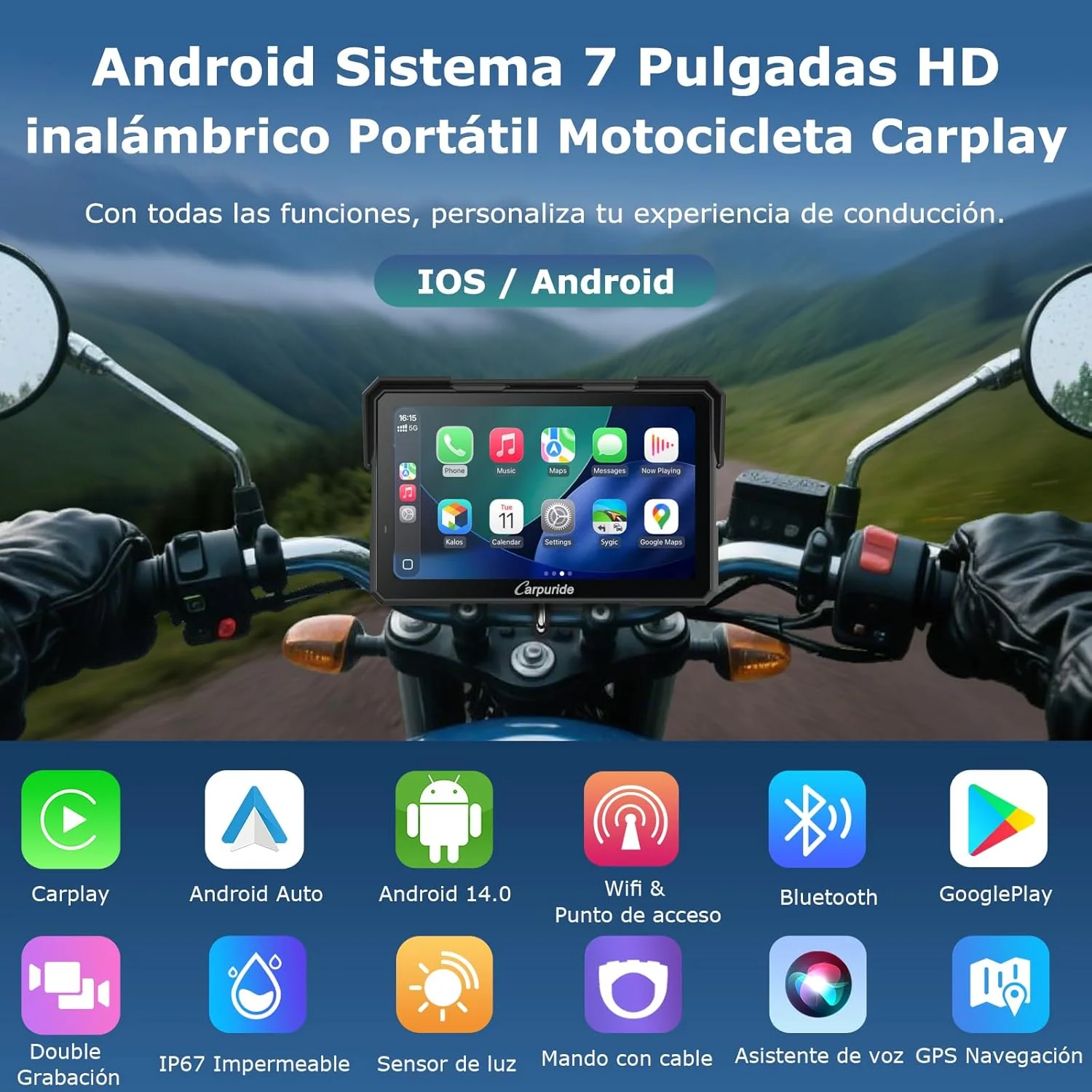 Carpuride W702 Plus Android 14 Motocicleta Carplay Pantalla con Doble Cámara, CarPlay y Android Auto Inalámbricos,7
