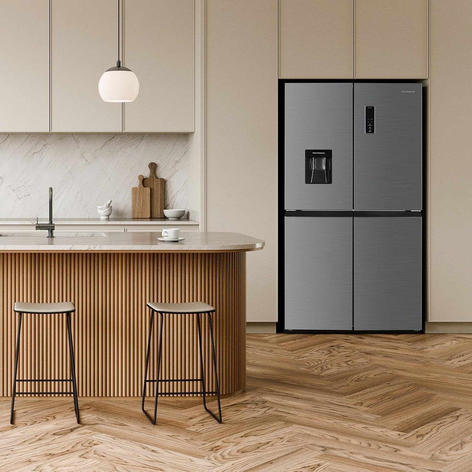 Corberó - Frigorífico 4 Puertas | CF4PH6835XWD | No Frost | Inverter | 419L | 180 cm | Display | Dispensador Agua | Twist Ice Maker| Fresh Box | 3 Botelleros | Cajón Crisper | Inox