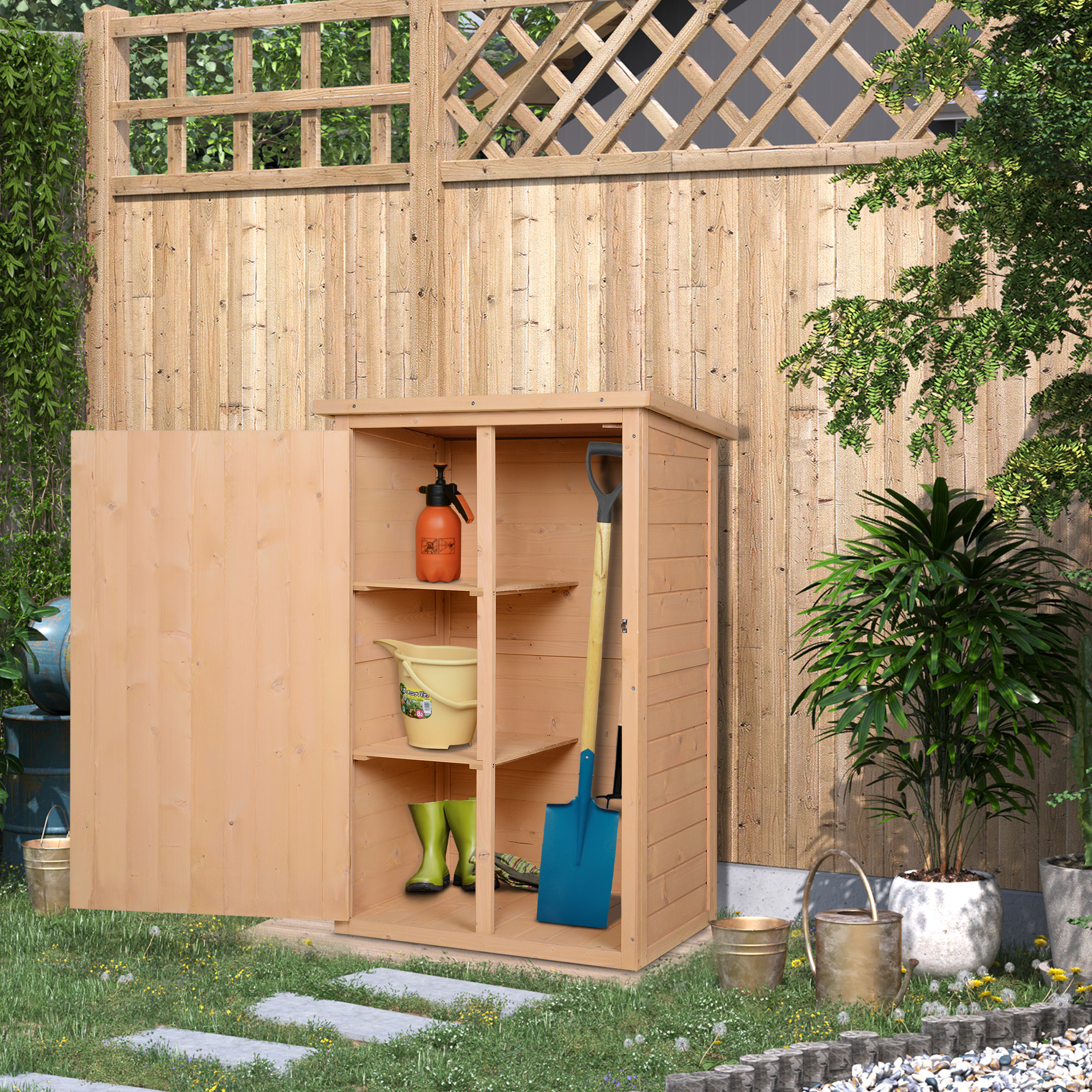 Outsunny tuinhuisje gereedschapsschuurtje gereedschapsschuurtje met planken gereedschapsschuurtje opbergschuurtje voor tuinspar natuurlijk hout 75 x 56 x115 cm