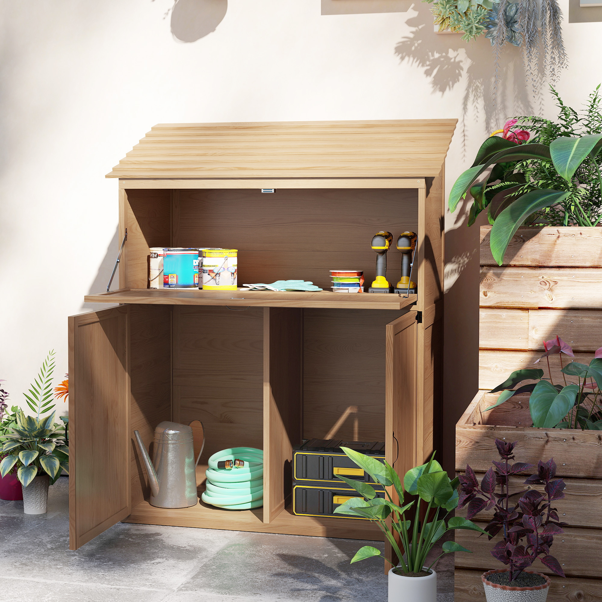 Tuinopbergkast met Uitklapbare Tafel, Werkzeugschuur met Dak 110 x 54 x 136 cm, Vurenhout, Bruin