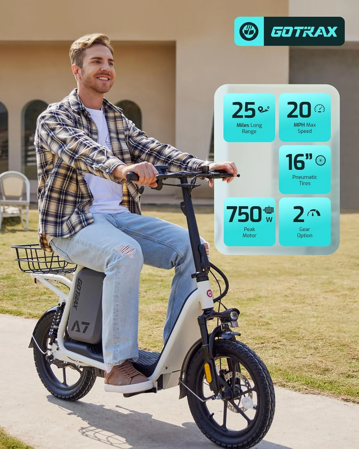 Gotrax adult electric scooter with seat, maximum range of 19-25 miles, all-terrain tires, wide pedals, padded seat, and carrycot