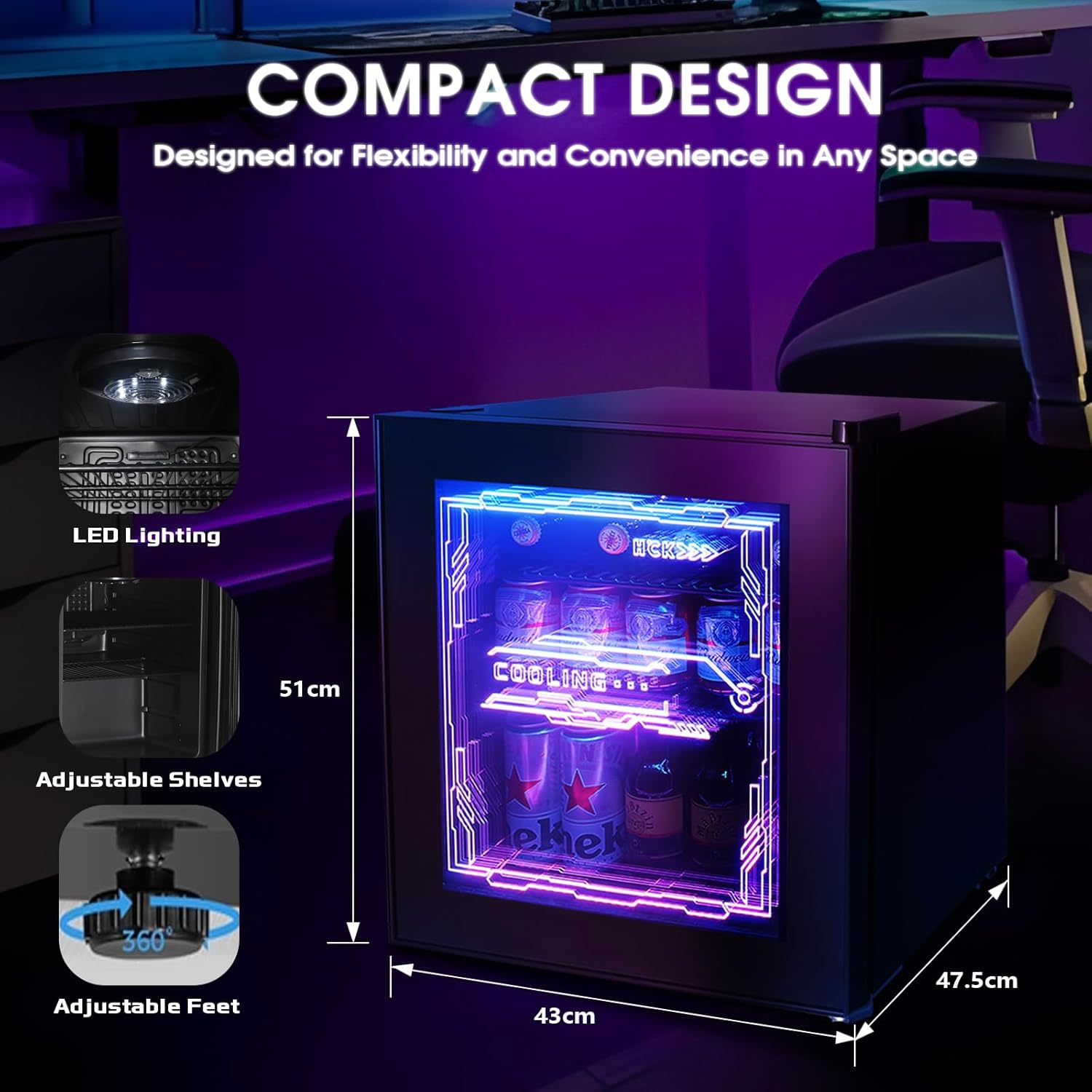 HCK Mini Kühlschrank 48L, Getränkekühlschrank mit Glastür und LED Beleuchtung, Cyberpunk Design, leise 39dB, 0-10℃ Bierkühlschrank für Gaming Room, Party, Bar, Schwarz
