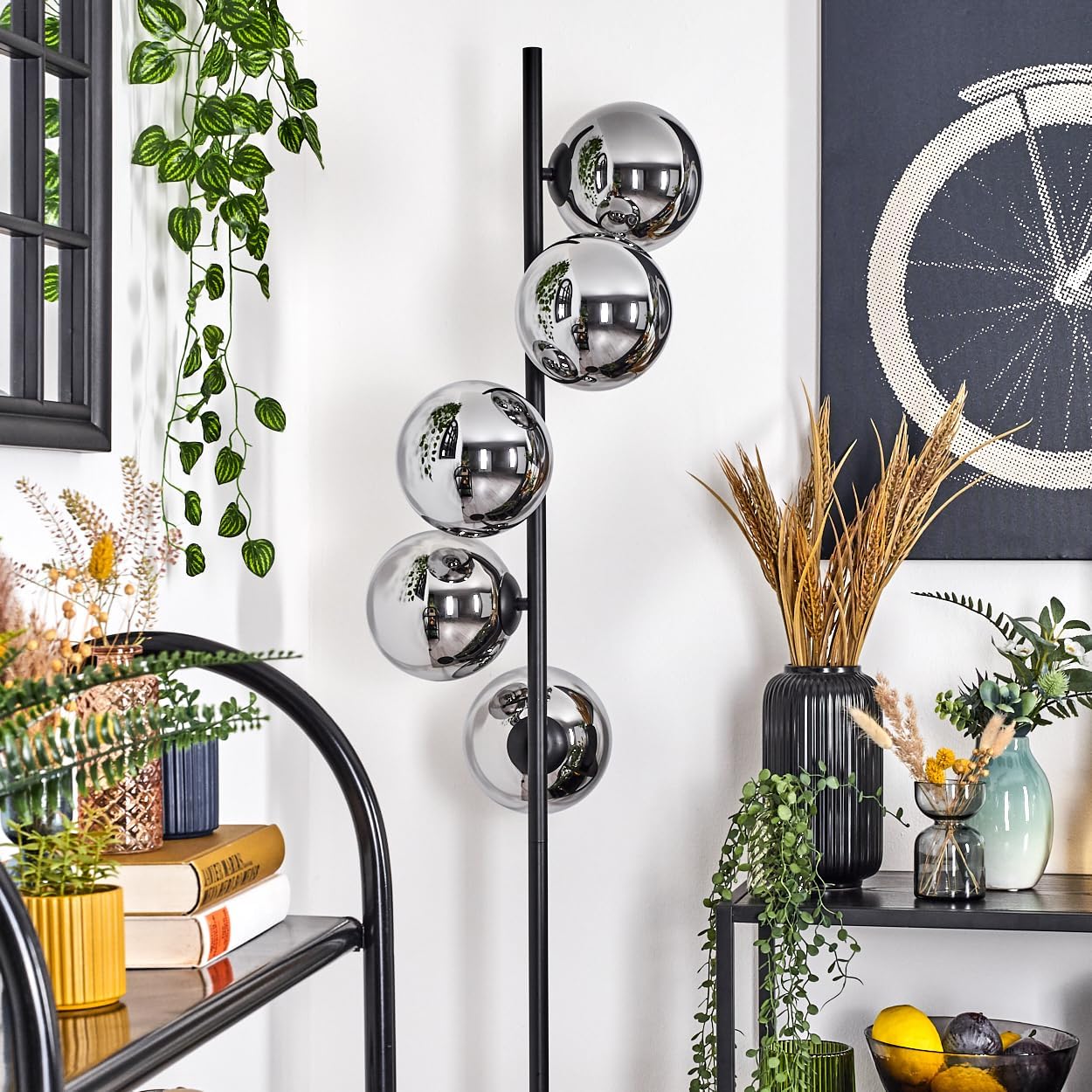 HOFSTEIN Stehleuchte Gastor, Stehlampe aus Metall/Glas in Schwarz/Chrom/Rauch, Leuchte im Retro/Vintage-Design mit Glasschirmen (Ø 15 cm) u. Fußschalter, 160 cm, E14, Wohnzimmer, Schlafzimmer, Büro