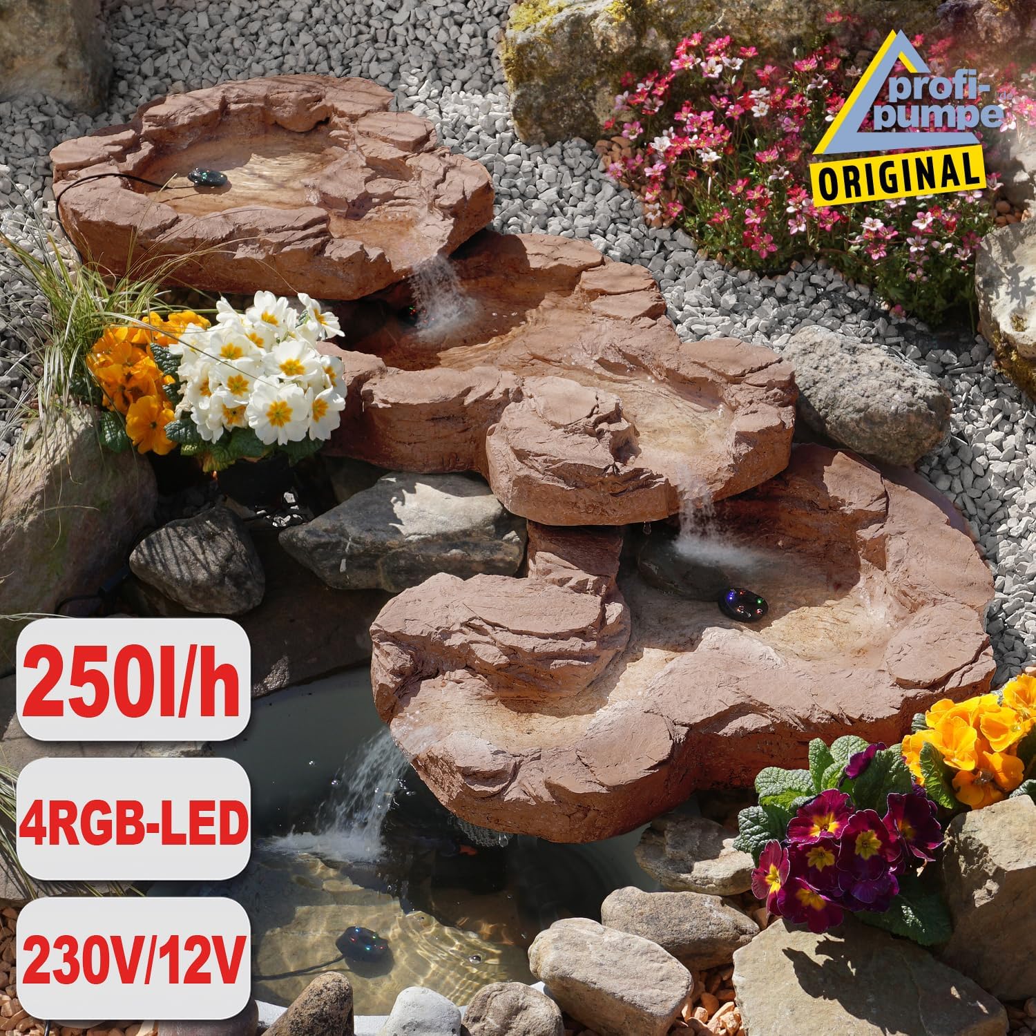 Solar GARTENBRUNNEN Bachlauf QUELLBACH II mit LED-Licht/Hybrid-System, 230V ZIERBRUNNEN VOGELBAD Wasserfall GARTENLEUCHTE TEICHPUMPE - SPRINGBRUNNEN WASSERSPIEL für Garten, Gartenteich, Teich