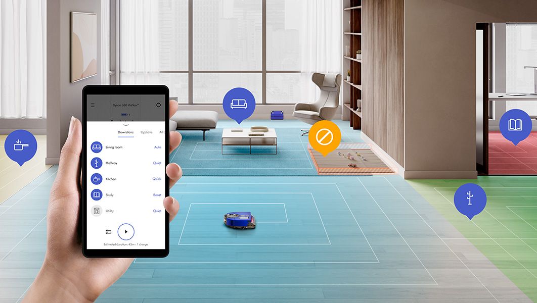 Visualisation de l'aspirateur robot analysant son environnement dans un salon, et d'un &eacute;cran d'application montrant diff&eacute;rentes pi&egrave;ces dans l'application MyDyson.