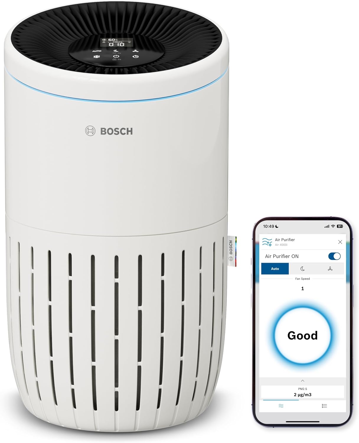 Bosch Air 4000i App-gesteuerter Luftreiniger - Für Räume bis zu 62,5 m² - Entfernt Schadstoffe - Mit 3-in-1 Luftfilter, Smart Sensor, Automatikmodus, Ruhemodus (< 25 dB(A)) - CADR: 300 m³/h