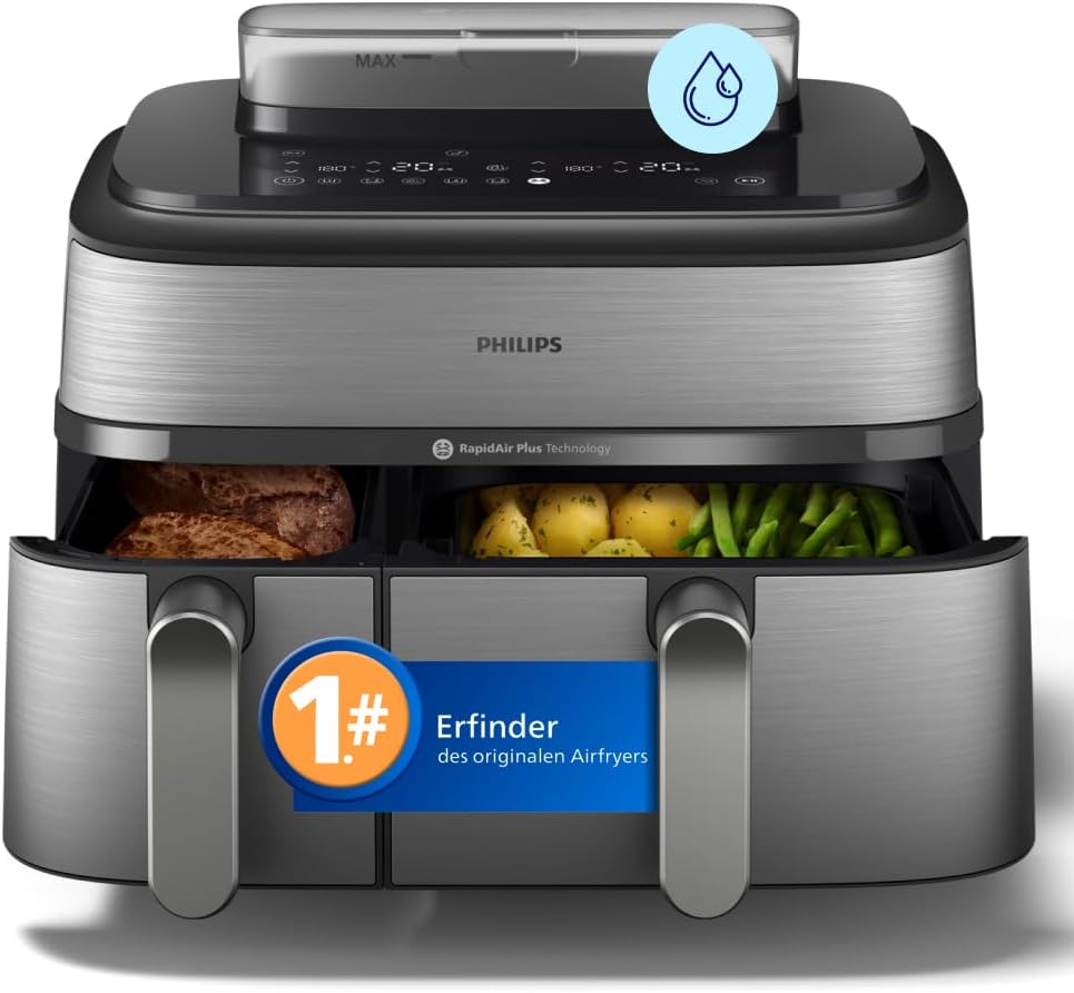 Philips Steam Airfryer 5000 Series Dual Basket Heißluftfritteuse mit Dampfgar-Funktion & 2 Körben – Steam, Airfry, SteamFry, 9L (3L+6L), RapidAir Plus, automatische Dampfreinigung (NA550/00)