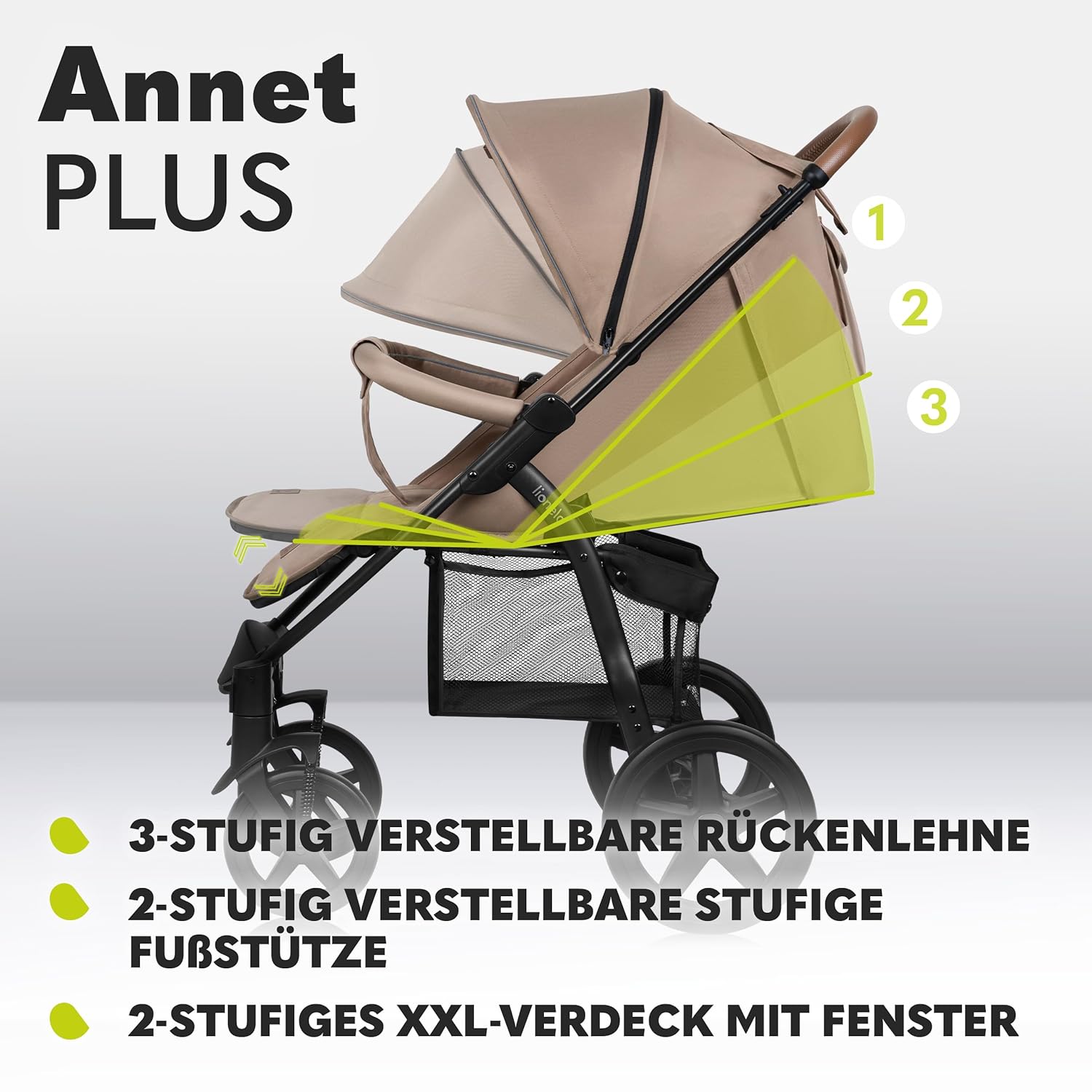 LIONELO Annet Plus Buggy bis 22 kg mit Liegefunktion, Kinderwagen klein zusammenklappbar mit Zubehör, Eva-Schaum-Räder, Moskitonetz, Fußdecke Getränkehalter, Korb