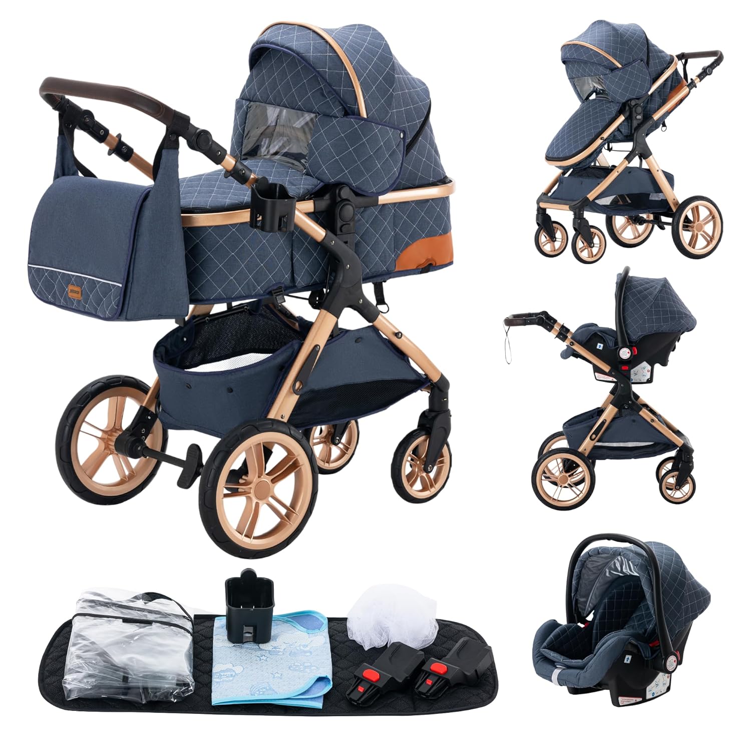 YAZOCO kinderwagen 3 in 1, Zusammenklappbar kinderwagen mit Wickeltasche,Komplettset Becherhalter,Moskitonetz, Fußabdeckung,Sitzzubehör (4 Rosa)