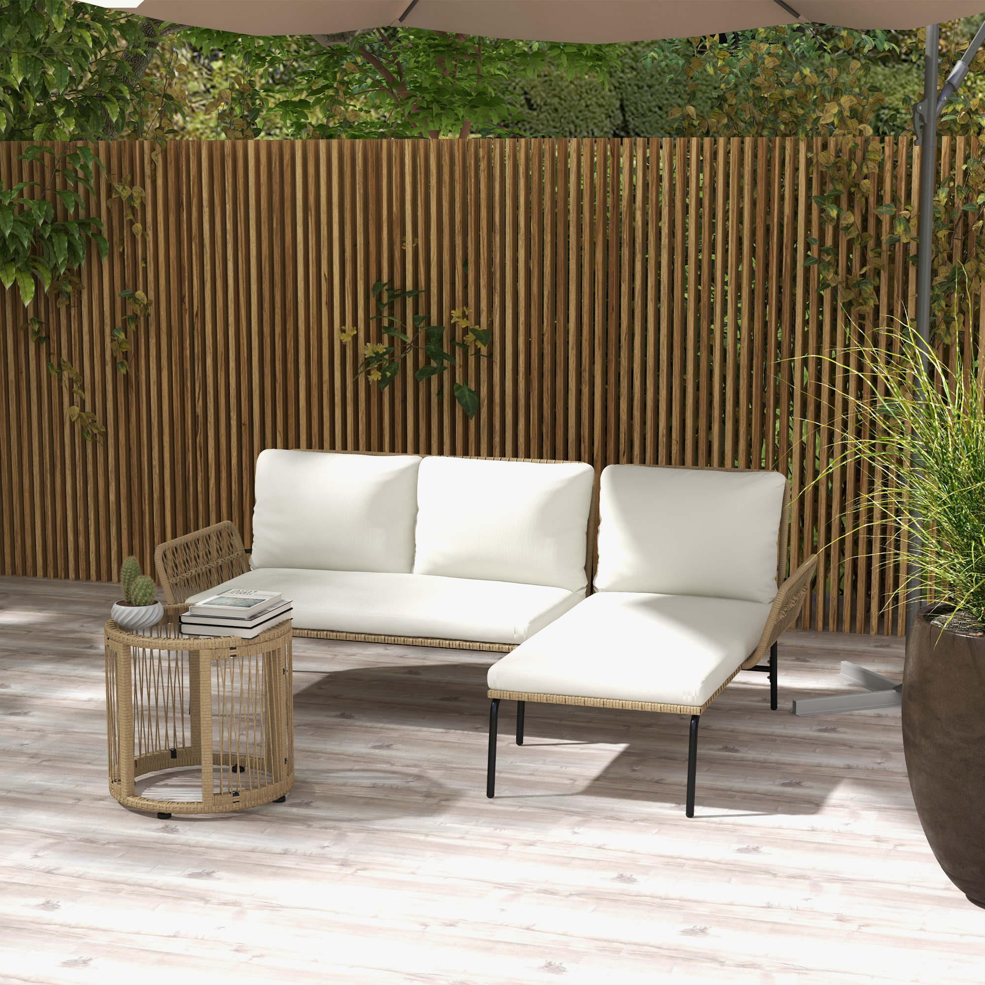Loungeset voor in de tuin, PE rattan, 122 x 79 x 75 cm, Natuur + Cr��mewit
