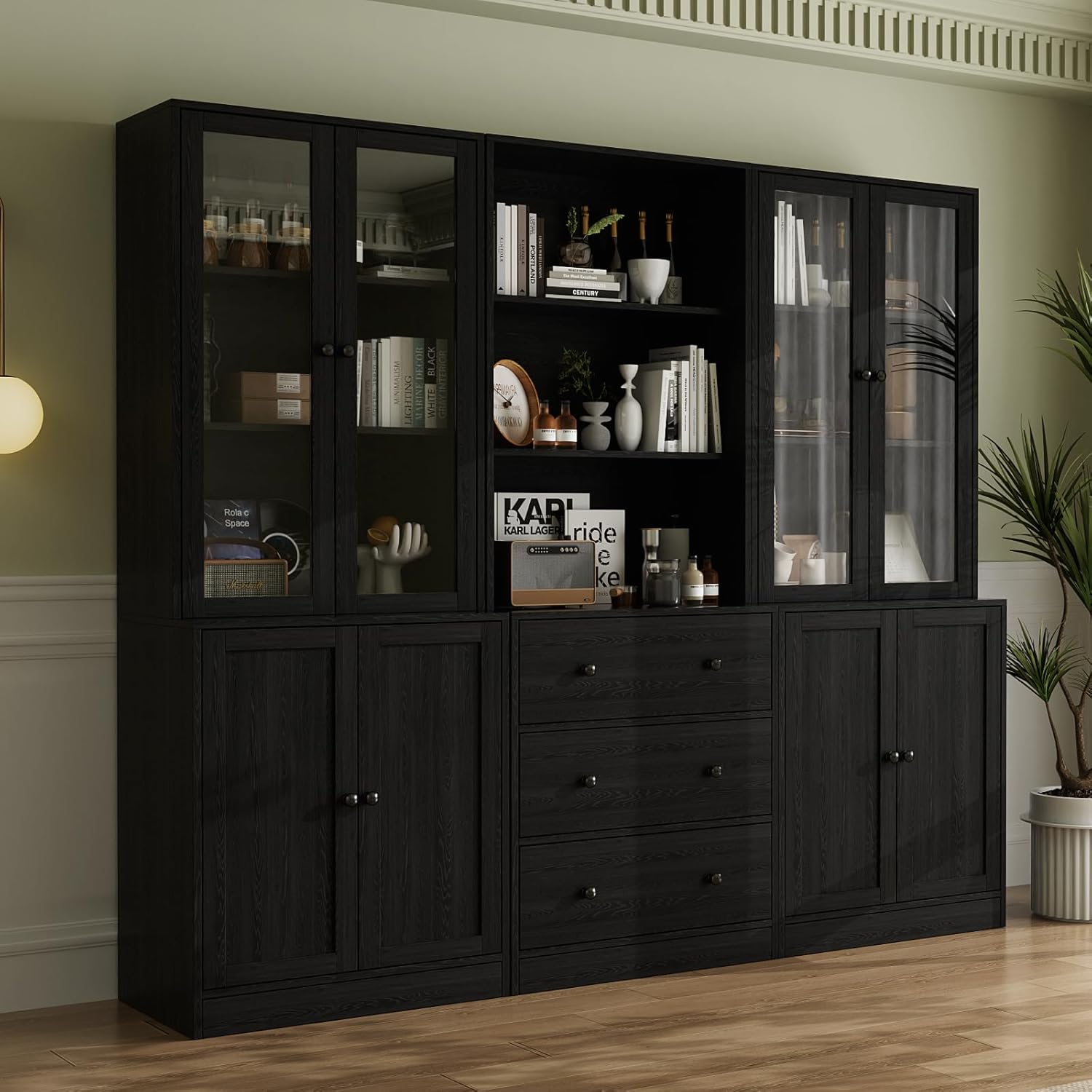 VOWNER 5-stöckiges Bücherregal mit Glastüren, 180 cm Vitrinenschrank, Küchenschränke, Küchenschrank Hochschrank, Buffetschrank für Küche, Wohnzimmer, Esszimmer, 4PCS (Schwarz)