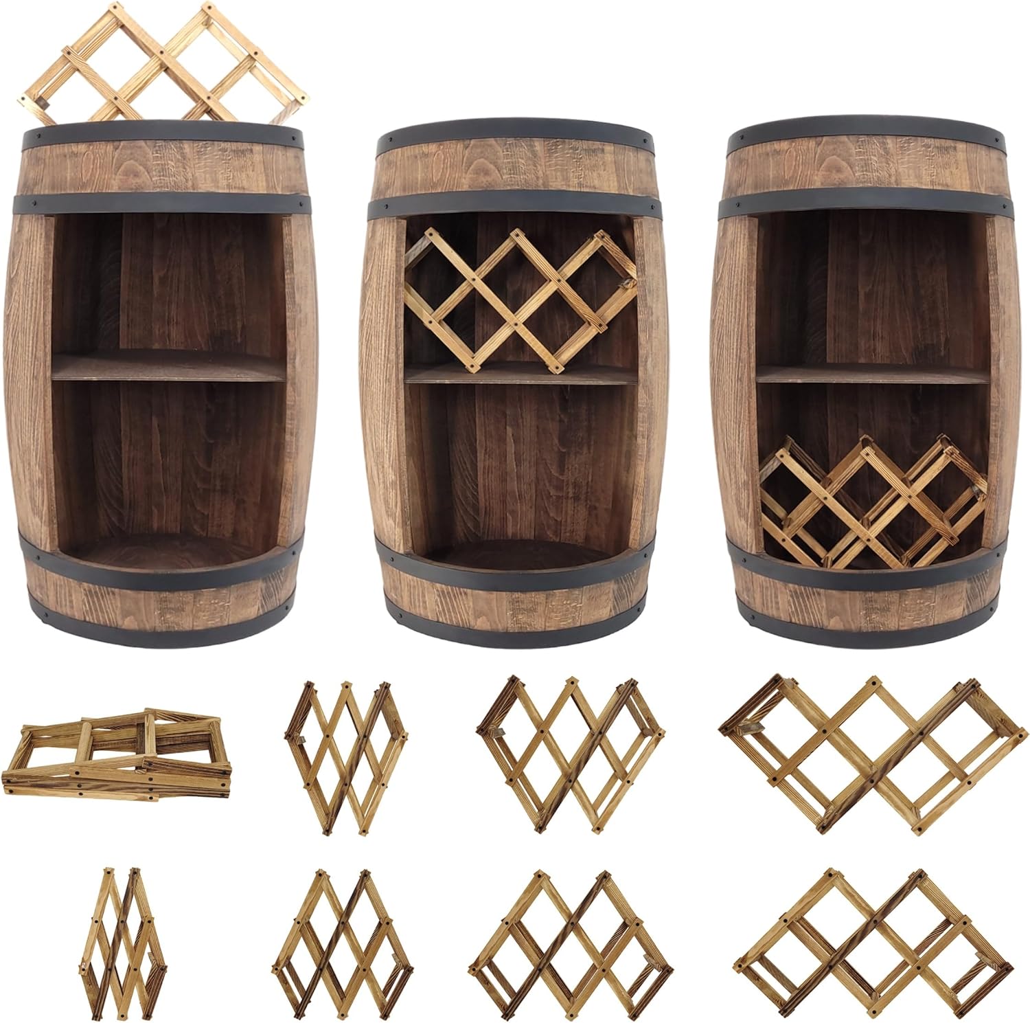 weeco Fassbar mit LED Beleuchtung und Weinhalter. Weinregal - Holzfass Hausbar 80cm. Rustikaler deko Barschrank Weinständer – Fass. Fassbier, Wein Flaschenständer - Bar Whisky Geschenk (Dunkelbraun)