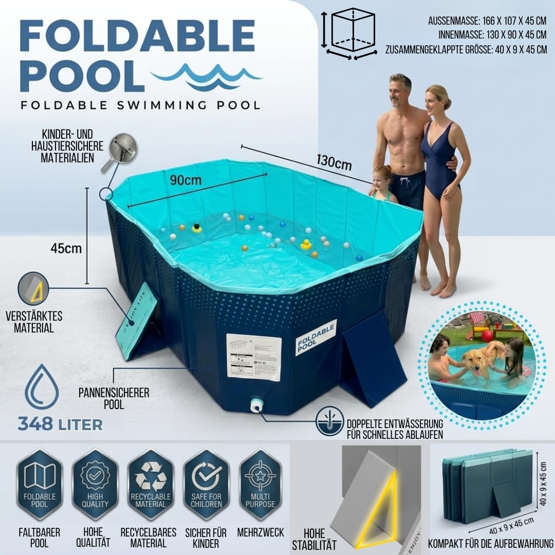 INDUSTEX Planschbecken Foldable Pool, 130 x 90 x 45 cm, Kinderbecken, Tragbarer Hundepool, Faltbarer Pool, Badewanne, Pool Spielzeug, Geeignet für Kinder, mittelgroße Haustiere