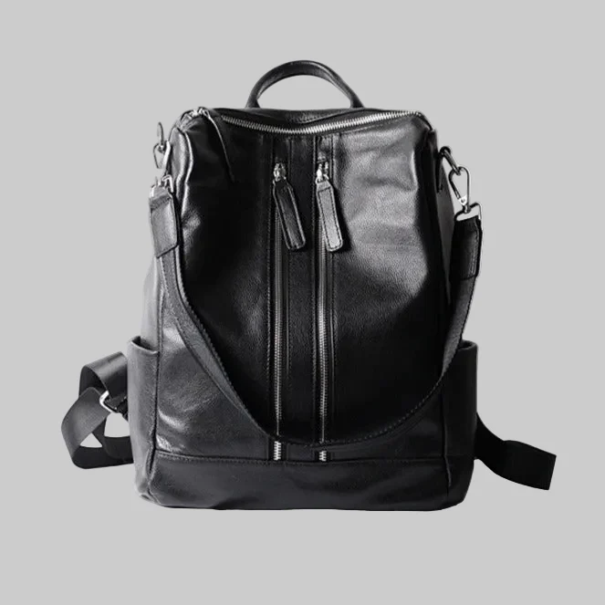 Black Double Zipper Convertible Top Grain Leather Backpack School Bag