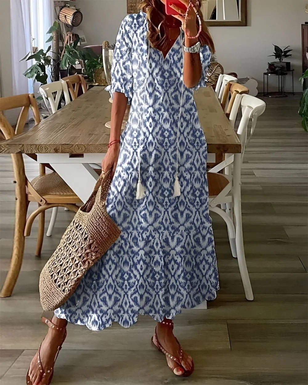 Boho-Maxikleid mit Quasten-Bindeband