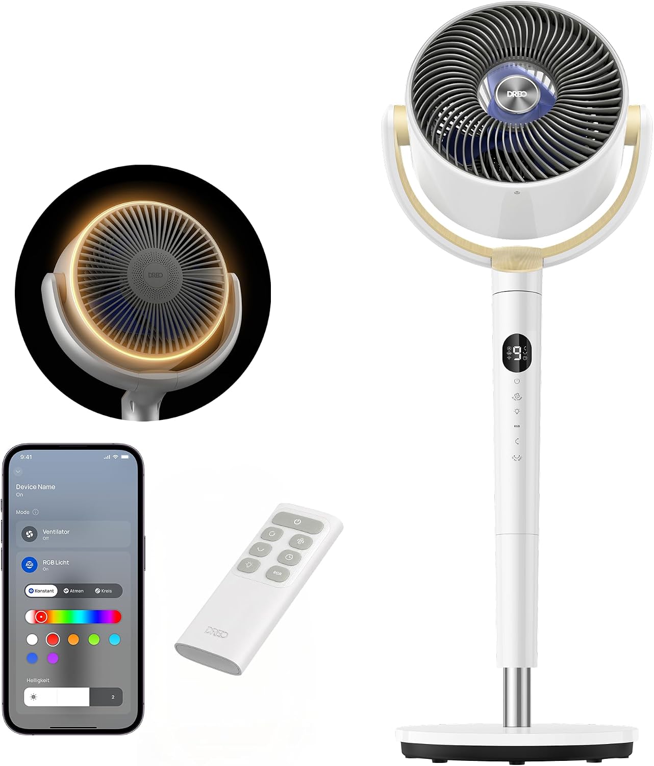 DREO 23dB Intelligent ventilateur sur pied silencieux, 24M portée, volume d'air 1200m³/h, turbo circulateur, 102CM hauteur, 6 modes, 8 vitesses, oscillation omnidirectionnelle 120°+120°