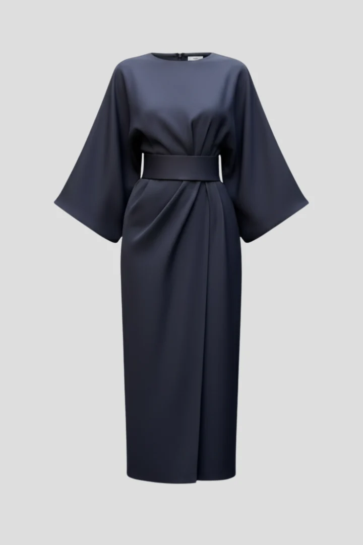 Damen Midi-Kleid mit Tailleng��rtel und weiten ?rmeln | Wadenlanges Kleid mit Rundhalsausschnitt und geradem Schnitt