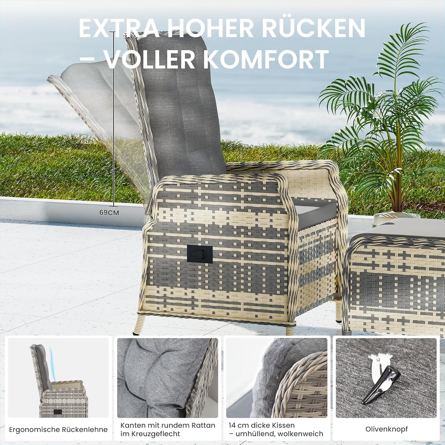 Gotland Rattan Gartenmöbel Set Lounge Möbel Outdoor, Verstellbares 2-Sitzer Terrassenmöbel Außen mit 118° Rückenlehne & Fußhocker, Hochwertige Polster & Glastisch, Wetterfest (Grau)