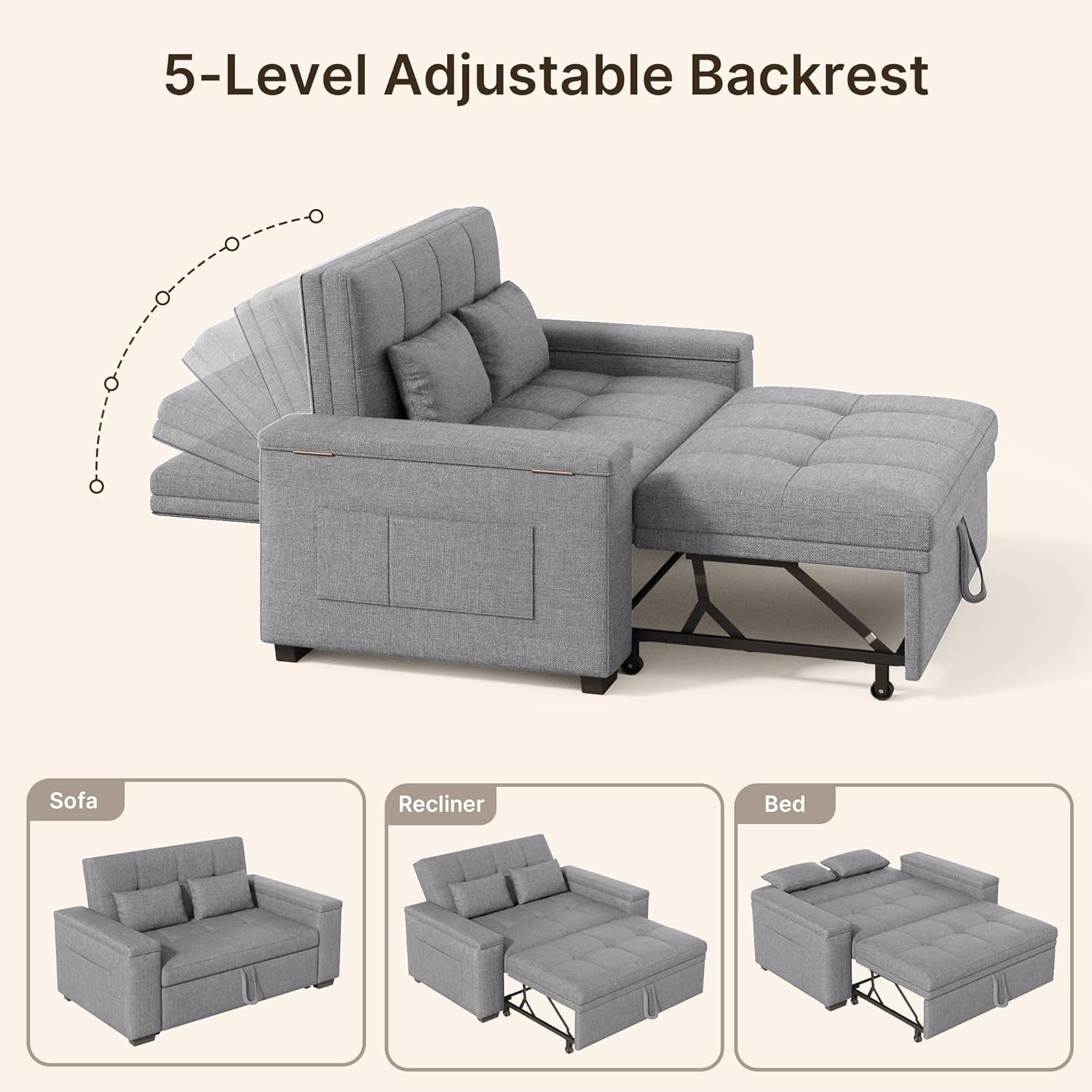 Xbro 3-in-1 Schlafsofa ausziehbar, 2-Sitzer Sofa mit Schlaffunktion, verstellbare Rückenlehne, Leinenstoff mit 2 Kissen und Seitentaschen, für Wohnzimmer, Schlafzimmer oder Büro, Hellgrau