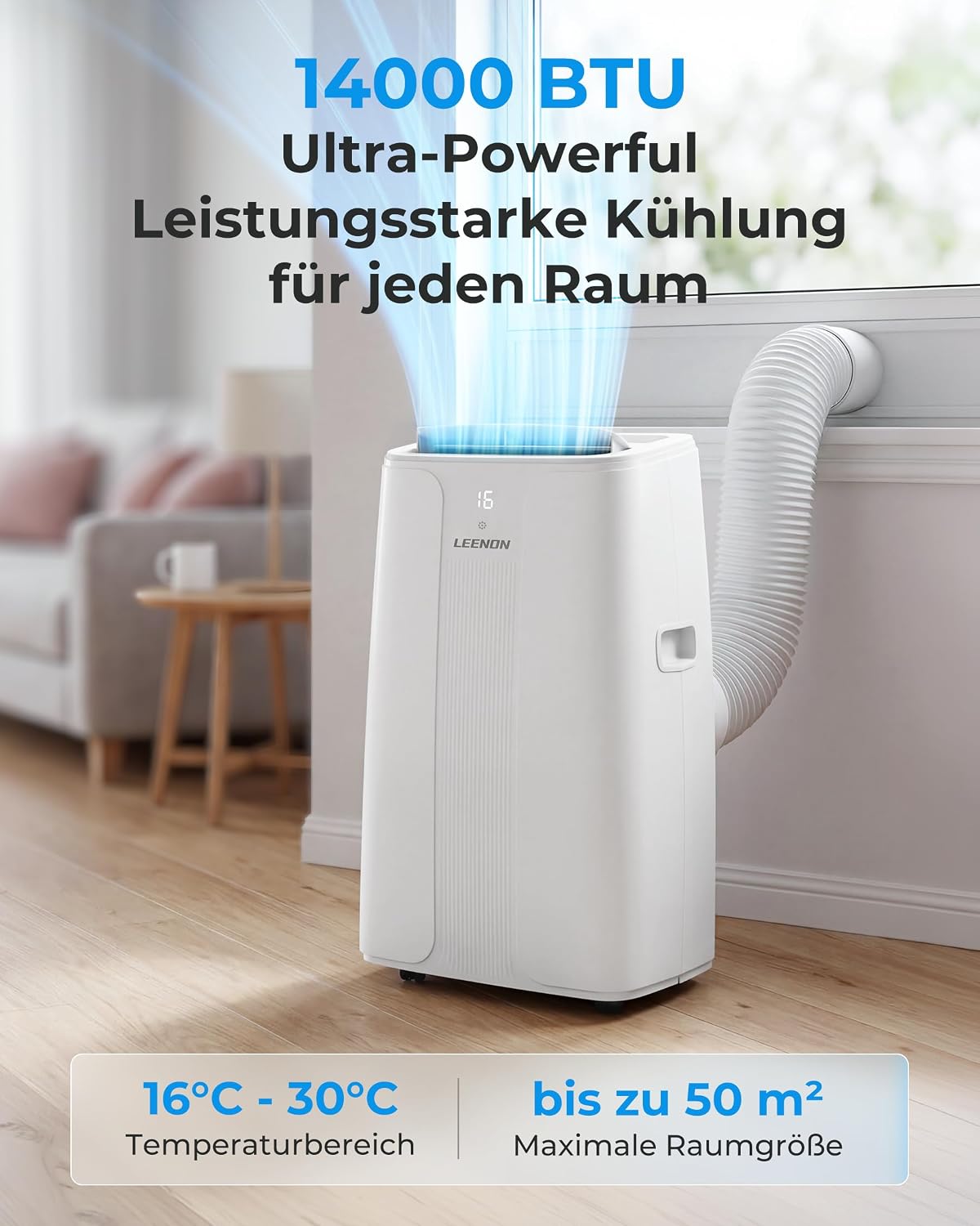 LEENON 14000 BTU Klimaanlage Mobil Klimagerät, 4 in 1 Kühlen Entfeuchten Lüftermodus Schlafmodus, Mobile Klima mit Abluftschlauch, Fernbedienung/24h Timer, Auto-Swing Air Conditioner, Für bis 50m²