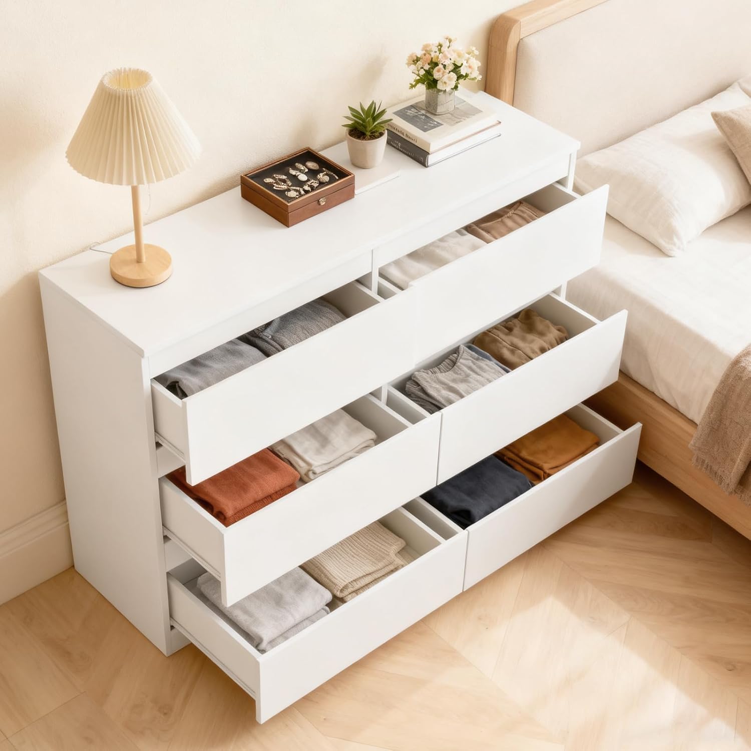 Sweetcrispy Kommode, Weißes Sideboard mit 6 Schubladen, 120×30×75cm, Viel Stauraum für Wohnzimmer, Flur & Schlafzimmer, Moderner Kommodenschrank