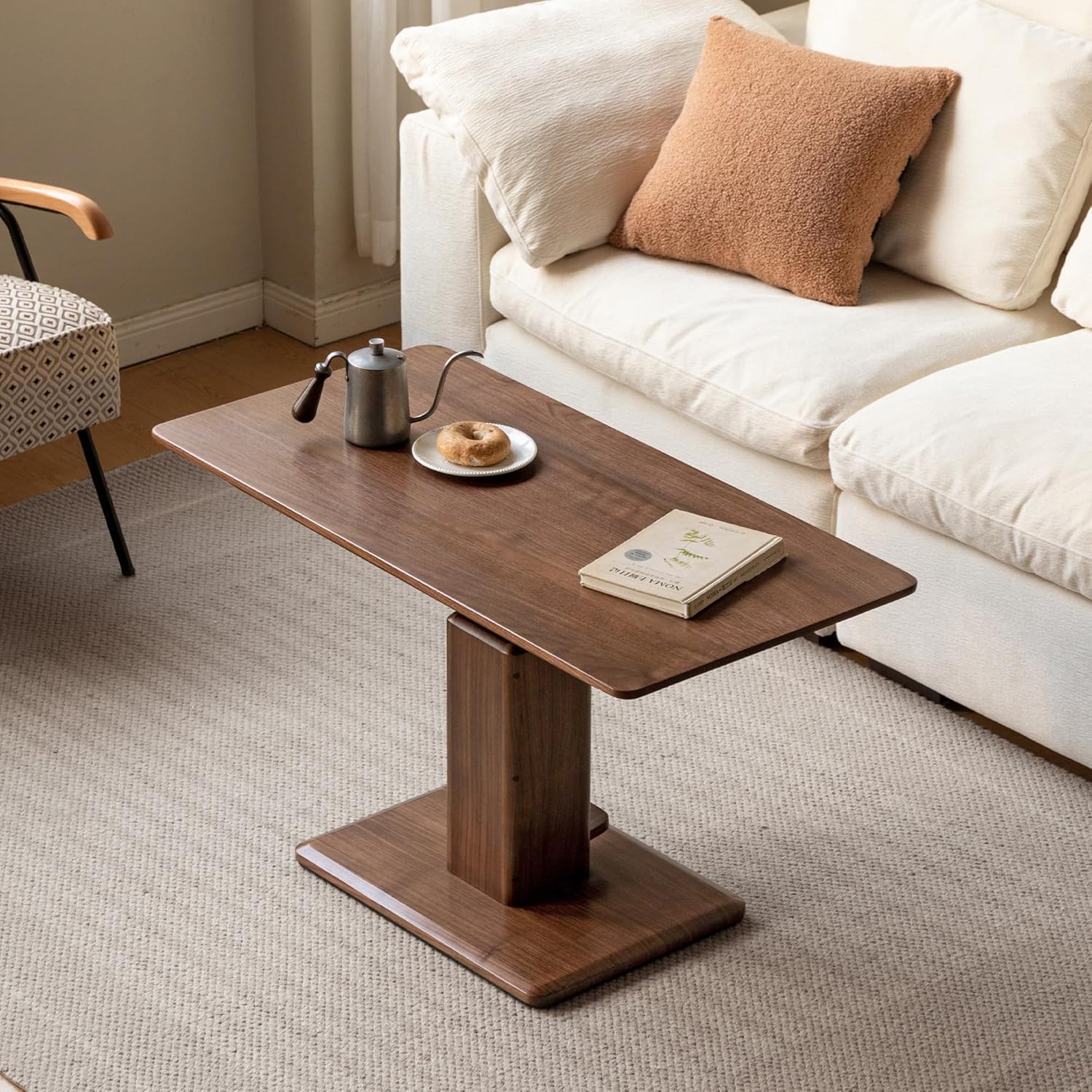 YESWOOD Höhenverstellbarer Couchtisch aus Eiche Massivholz, Modernes Design, Wohnzimmertisch aus Massivholz, Verstellbare Tischplatte 47–72 cm, 100 x 50 x 47 cm, Walnuss