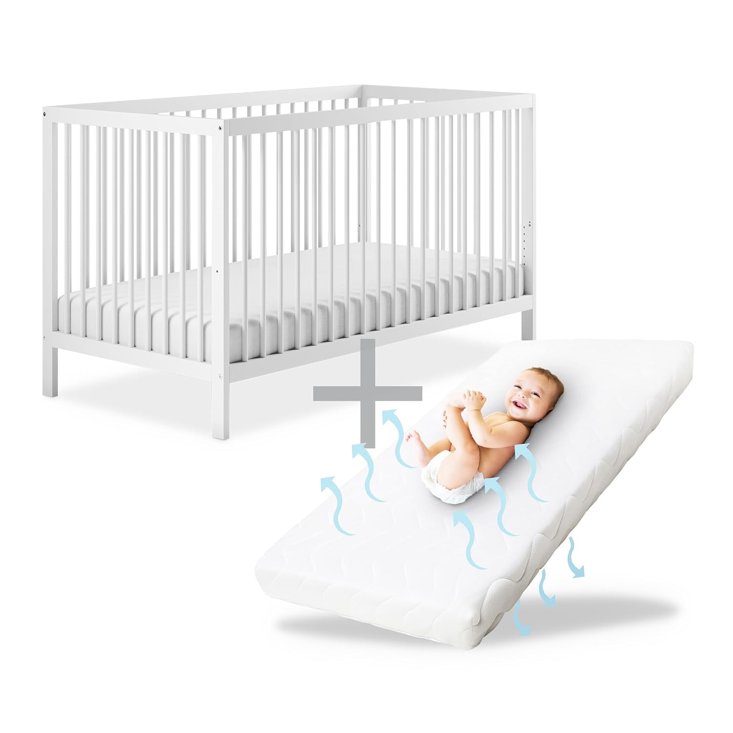 Ehrenkind® Babybett PUR inkl. Matratze 120x60 Buchenholz | Weiß | Kinderbett 9-Fach höhenverstellbar mit entnehmbaren Stangen | Baby Bett