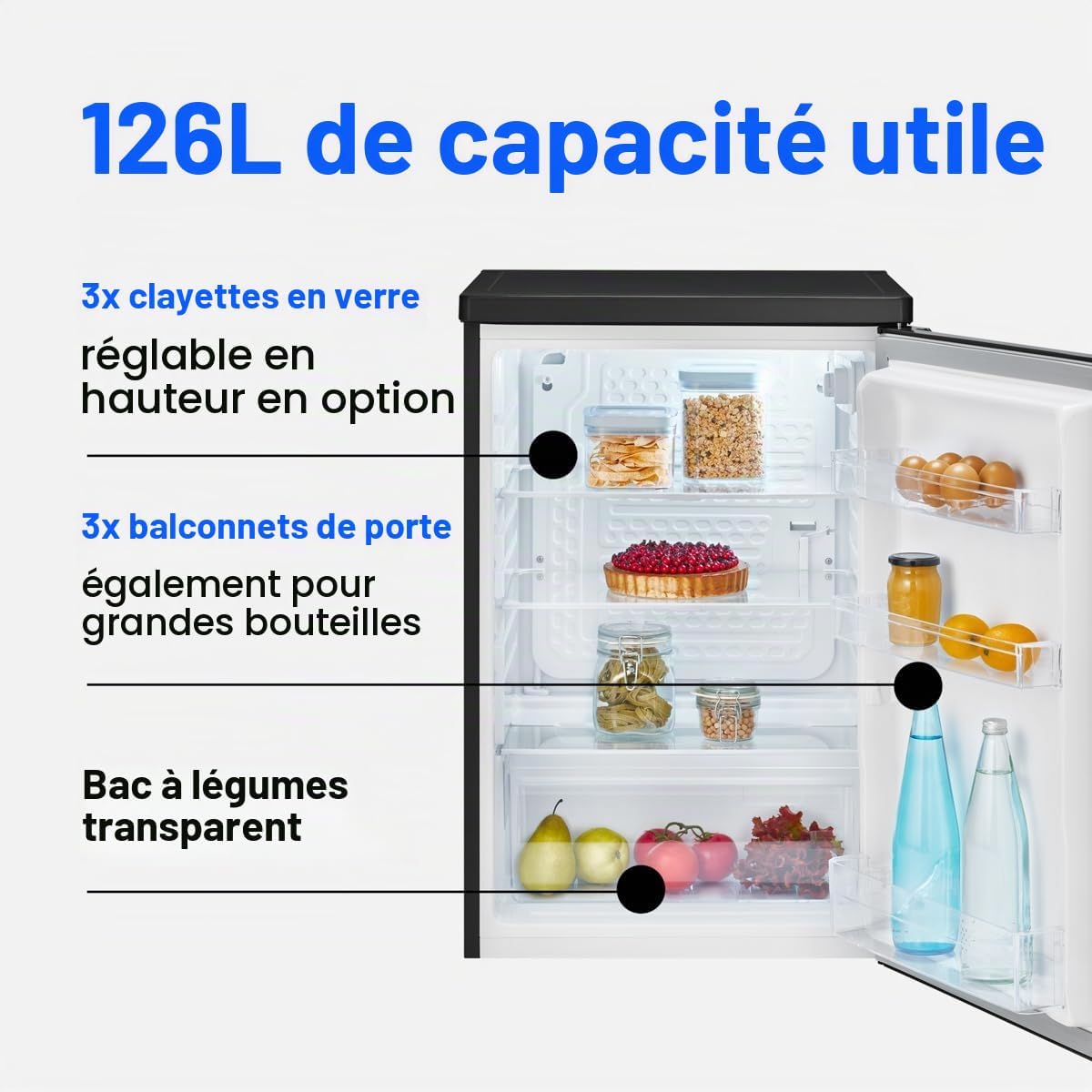Bomann Réfrigérateur 126 L VS 7258, Classe C, Éclairage LED, Noir | réfrigérateur pose libre, éclairage LED, clayettes en verre, contrôle de la température