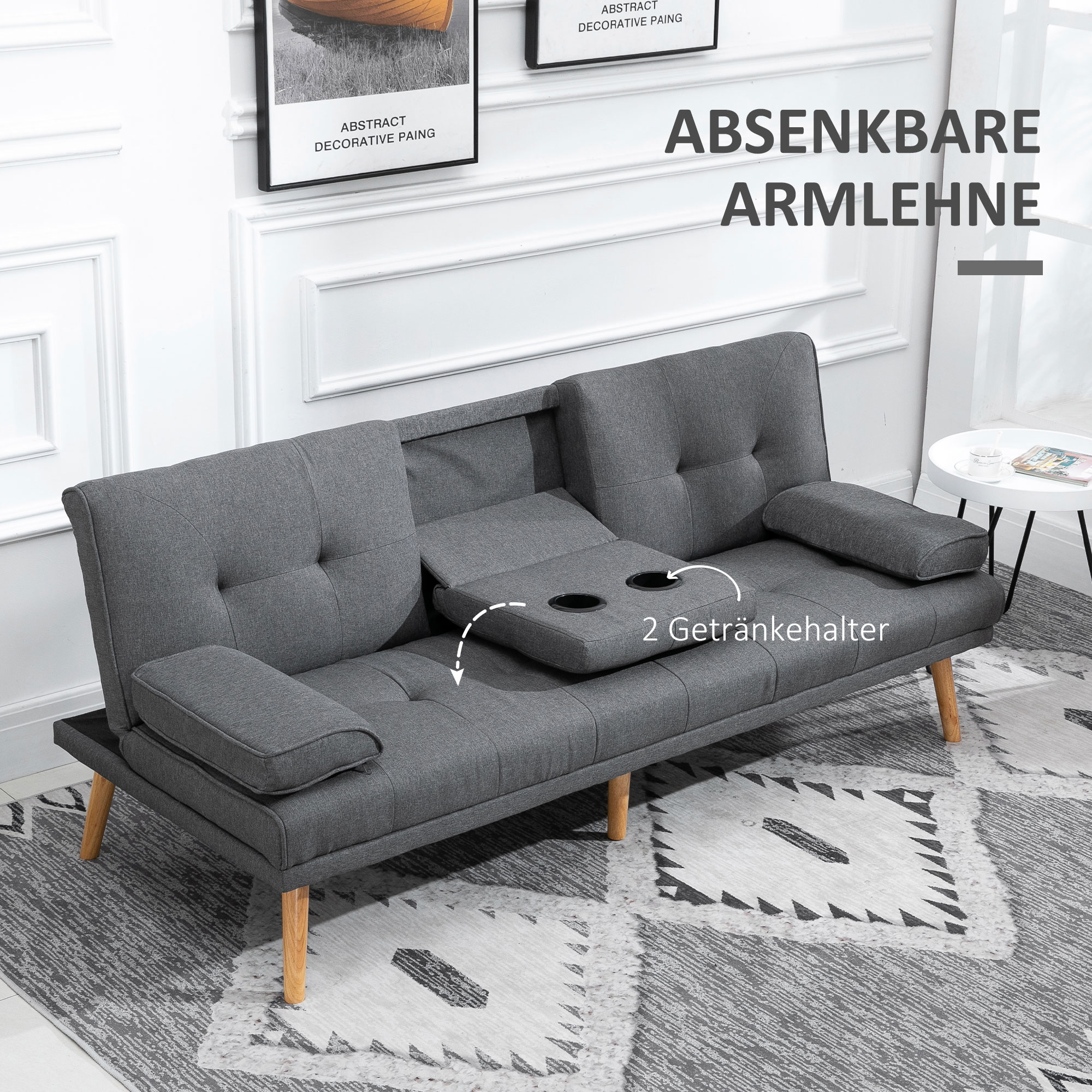 Slaapbank in Scandinavisch design, 3-zitsbank, 2 kussens, Grijs + Natuur