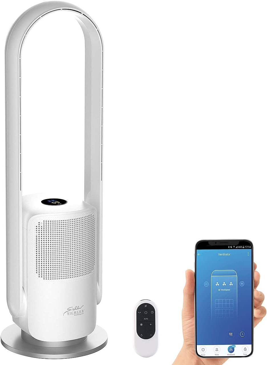 Sichler Haushaltsgeräte Turmventilator: Rotorloser 2in1-360°-Ventilator & Luftreiniger, WLAN, App, HEPA, 35 W (Turmventilator mit Luftreiniger, Ionisator, Ozon)