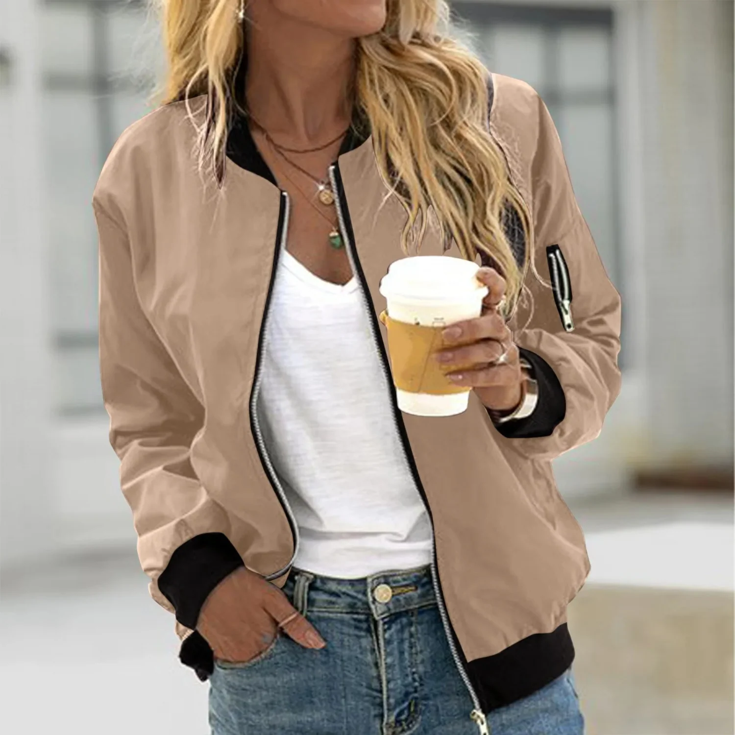Leichte Damen Bomberjacke - Sportliche ��bergangsjacke mit Rei?verschlusstaschen & Rippb��ndchen - Casual Freizeitjacke