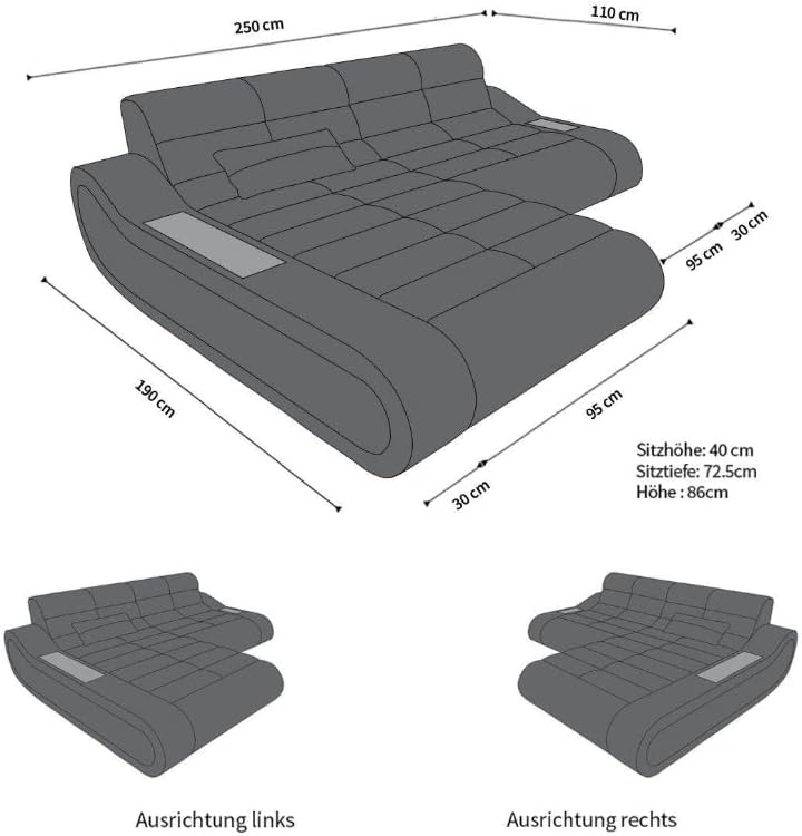 Sofa Dreams Ecksofa Concept kurz - mit LED Beleuchtung, Ottomane/Mikrofaser/Ausrichtung wählbar (Ottomane Links, Weiss-Hellgrau)
