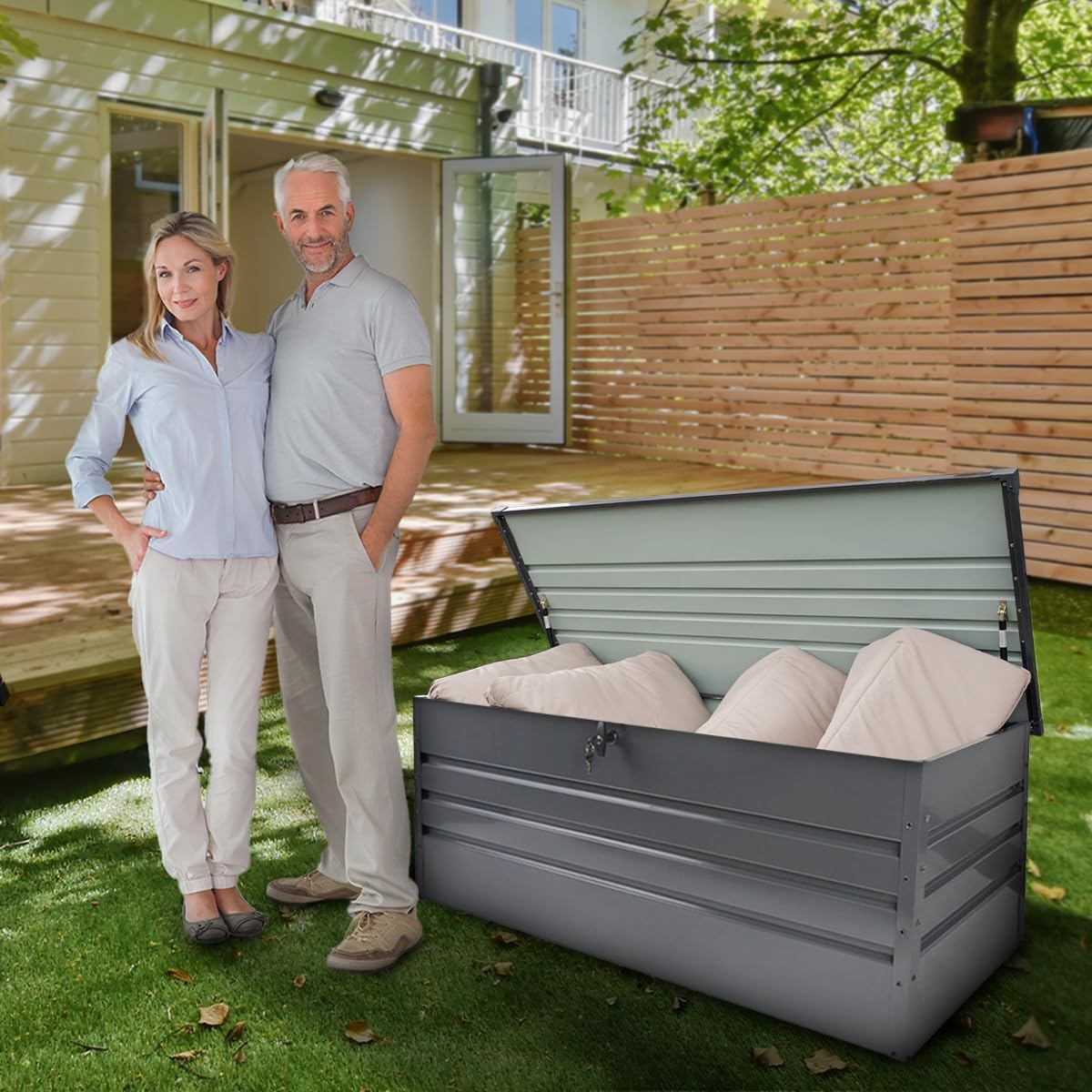 Grindi - Gartenbox Metall - Kissenbox - Auflagenbox - Orto II 600 L - Aufbewahrungsbox mit Deckel - Outdoor Schrank - Paketbox - Sitzbank mit Stauraum - Gartenhaus - Geräteschuppen - Truhe mit Deckel