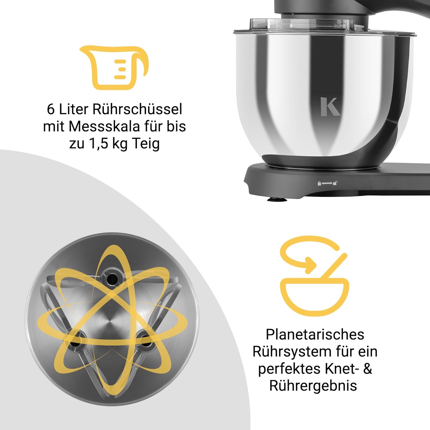 KLAMER Küchenmaschine 1800W, Knetmaschine Brotteig mit Edelstahl-Rührschüssel 6 L, 10 Stufen mit Timer, Planetenrührwerk, Rührbesen, Knethaken, Schneebesen & Sichtdeckel (schwarz)