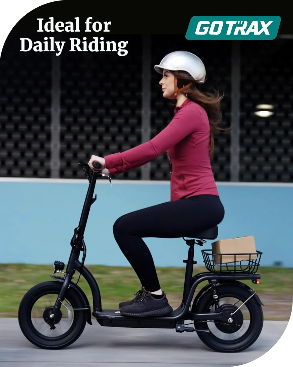Gotrax adult electric scooter with seat, maximum range of 19-25 miles, all-terrain tires, wide pedals, padded seat, and carrycot