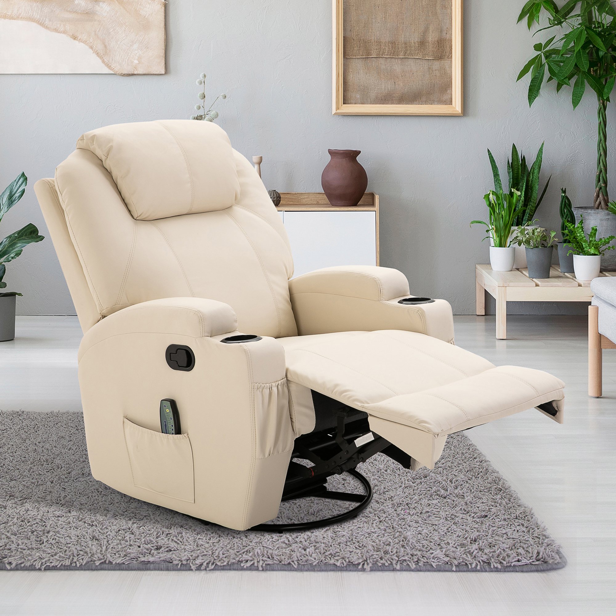 massagestoel, relaxstoel, tv-stoel massagefunctie 5 massagestanden ligfunctie PU-leer hout metaal schuimstof cr��mewit 82 x 97 x 110 cm
