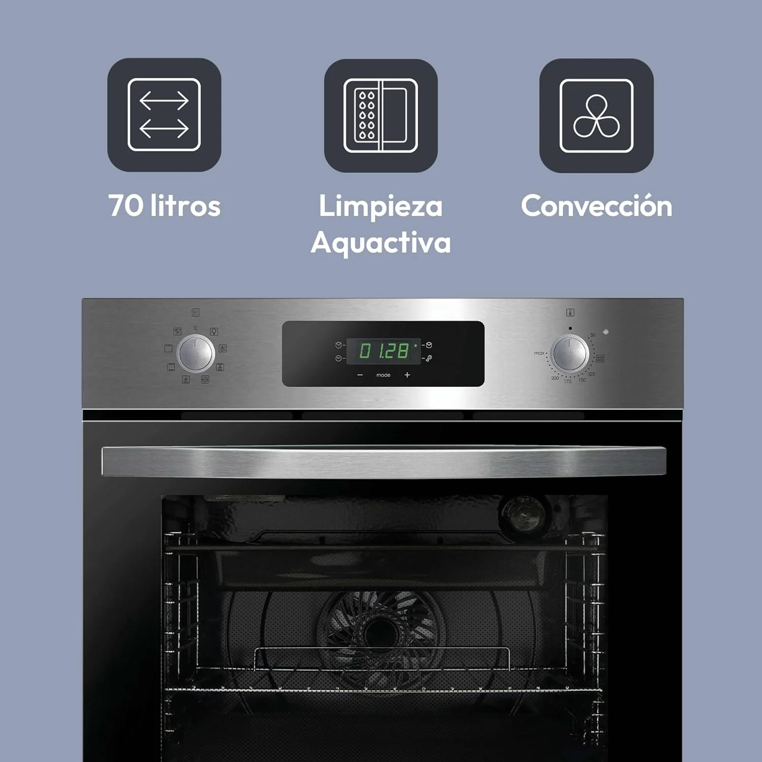 Candy FIDCP X625 L, Horno Multifunción, 70L, Bandeja y Rejilla, Limpieza Aquactiva, Convección + Ventilador radial, 8 Funciones, Display Timer Touch, Mandos Push&Pull, Puerta 2 Cristales, Inox y Negro