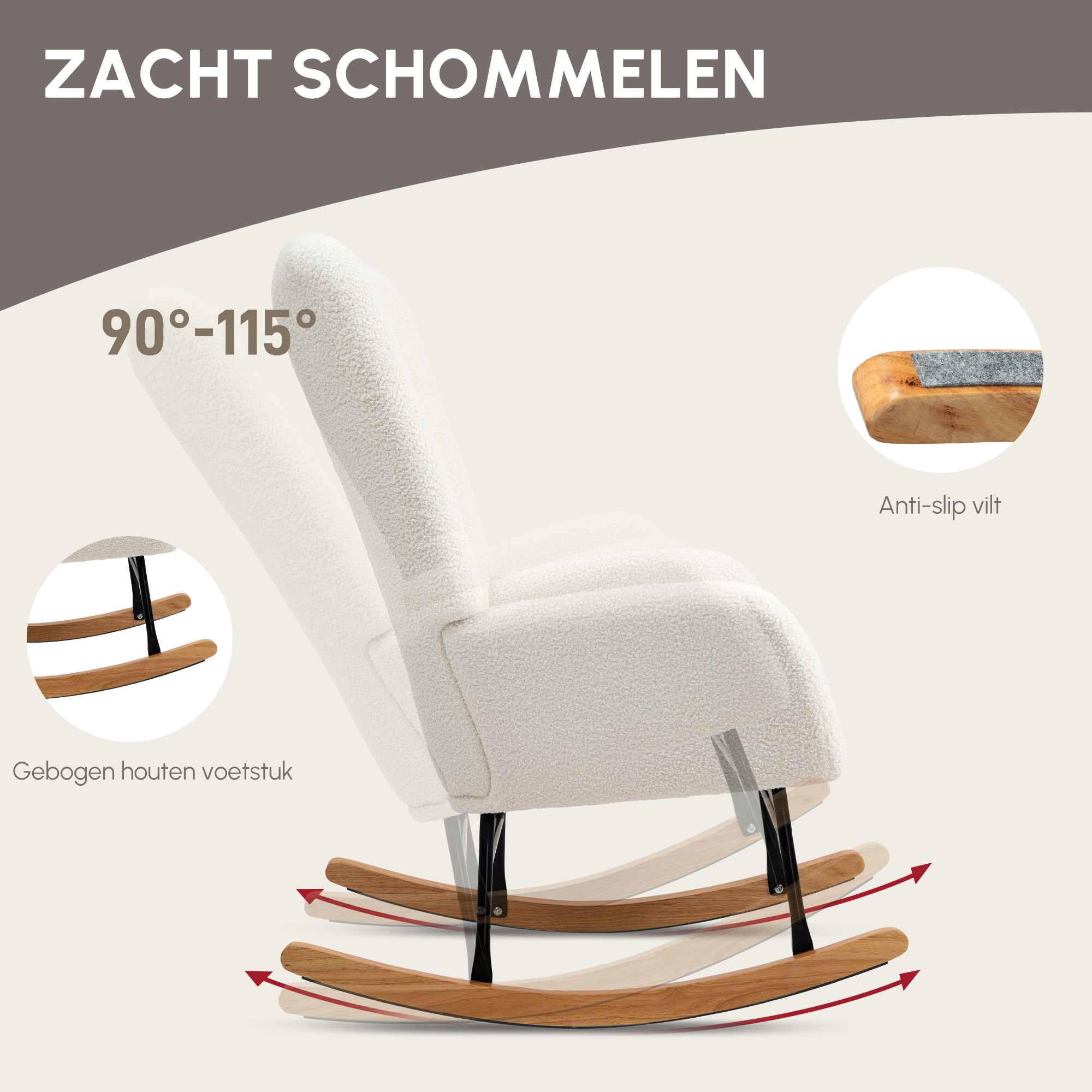 Schommelstoel, Knusse Bekleding, Dikke Polstering, Antislip, Crèmewit