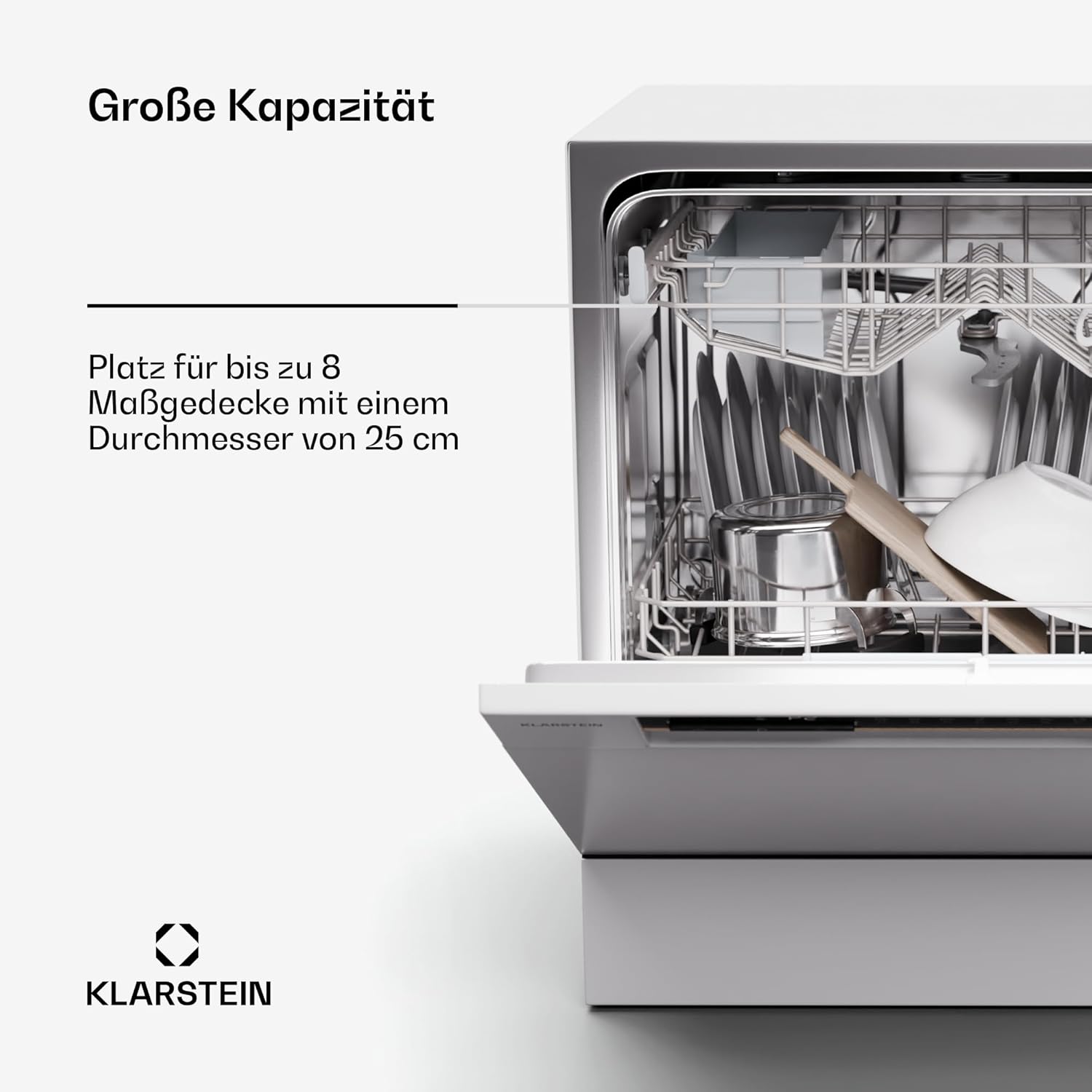 Klarstein  ia 8 - Spülmaschine, Geschirrspüler, Freistehend, Teilintegriert, F, 55 cm breit, 8 Maßgedecke, 6 Programme, Aquastop, silber