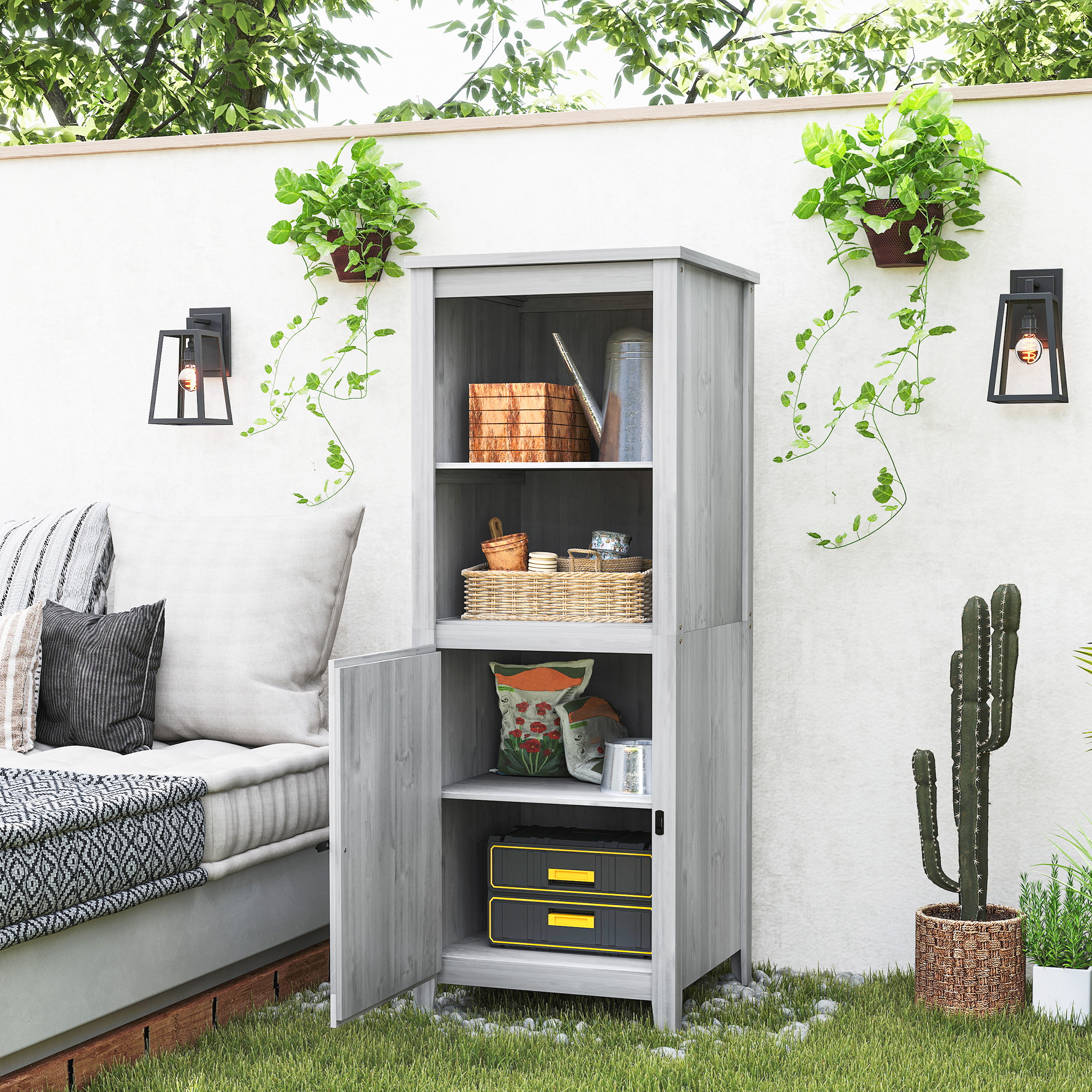 Tuinschuur met Schuurdeur, Verstelbare Planken, Slank Ontwerp, Dennenhout, Lichtgrijs