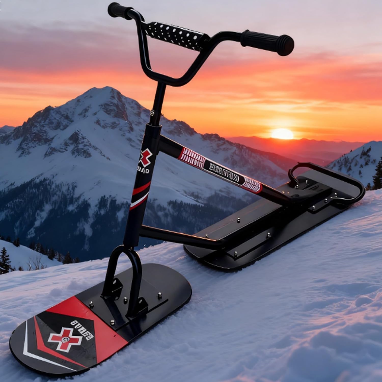 Snow Scooter mit 360° drehbaren Heckski & verstärktem Rahmen, All-Terrain Schlitten für Teenager und Erwachsene, 150 kg Tragkraft