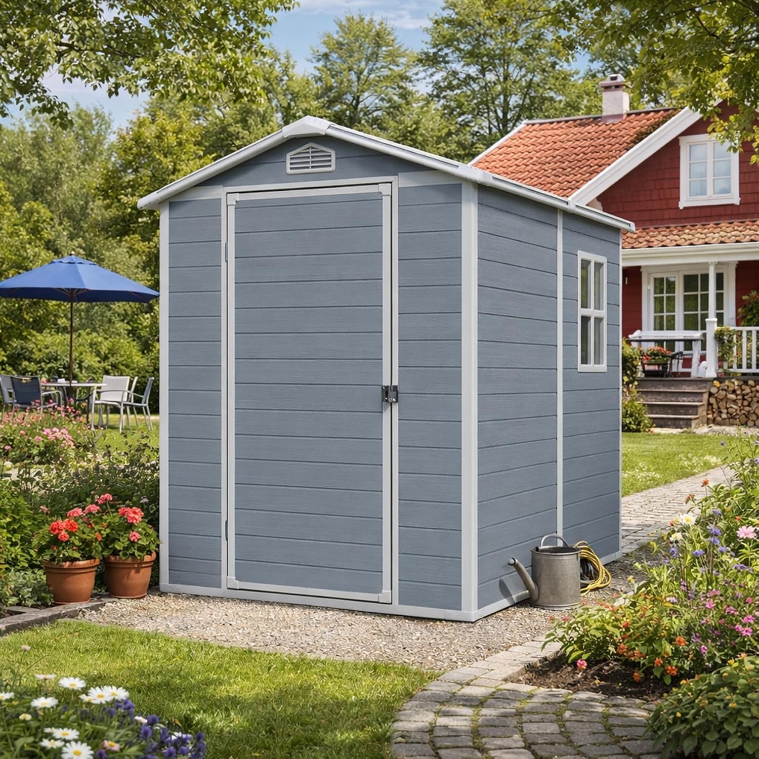 Gartenhaus Lönneberga 2,5m² Kunststoff | Polypropylen (PP) Geräteschuppen witterungsbeständig 124 x 191 x 167/199 cm (B x T x H) grau
