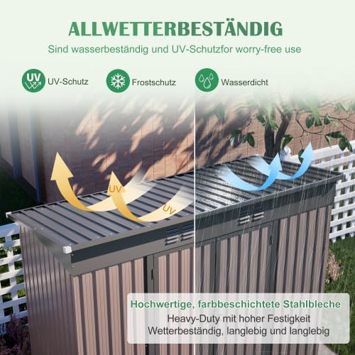 Geräteschuppen Metall 8 x 4 Fuß mit Fundament, Gerätehaus wetterfest als Fahrradgarage für 2-3 Fahrräder, Mülltonnenbox & Gartengerätehaus, verzinkter Stahlschuppen mit Schrägdach & Belüftung, Braun
