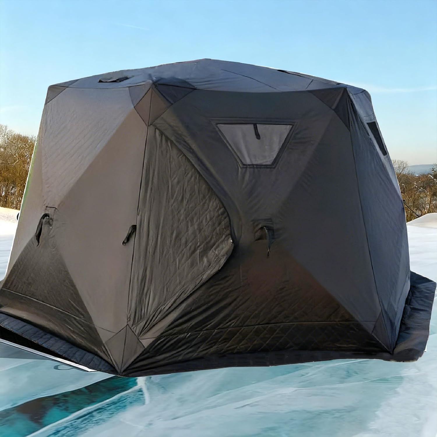 Winter-Angelzelt, sechseckiges Zelt zum Eisangeln, Isoliertes Eisangelzelt, mit Loch für Herd und Boden, für 6-10 Personen, mit schwarzer Tragetasche