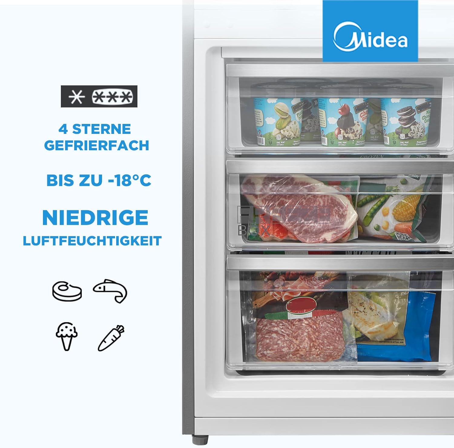 Midea MERB276FGE02A Fridge/Freezer Combination, 180 cm Height, NoFrost, Double Control, Super Cooling Function, 219 kWh per Year, Fridge Capacity 199 L, 71 L Freezer Capacity