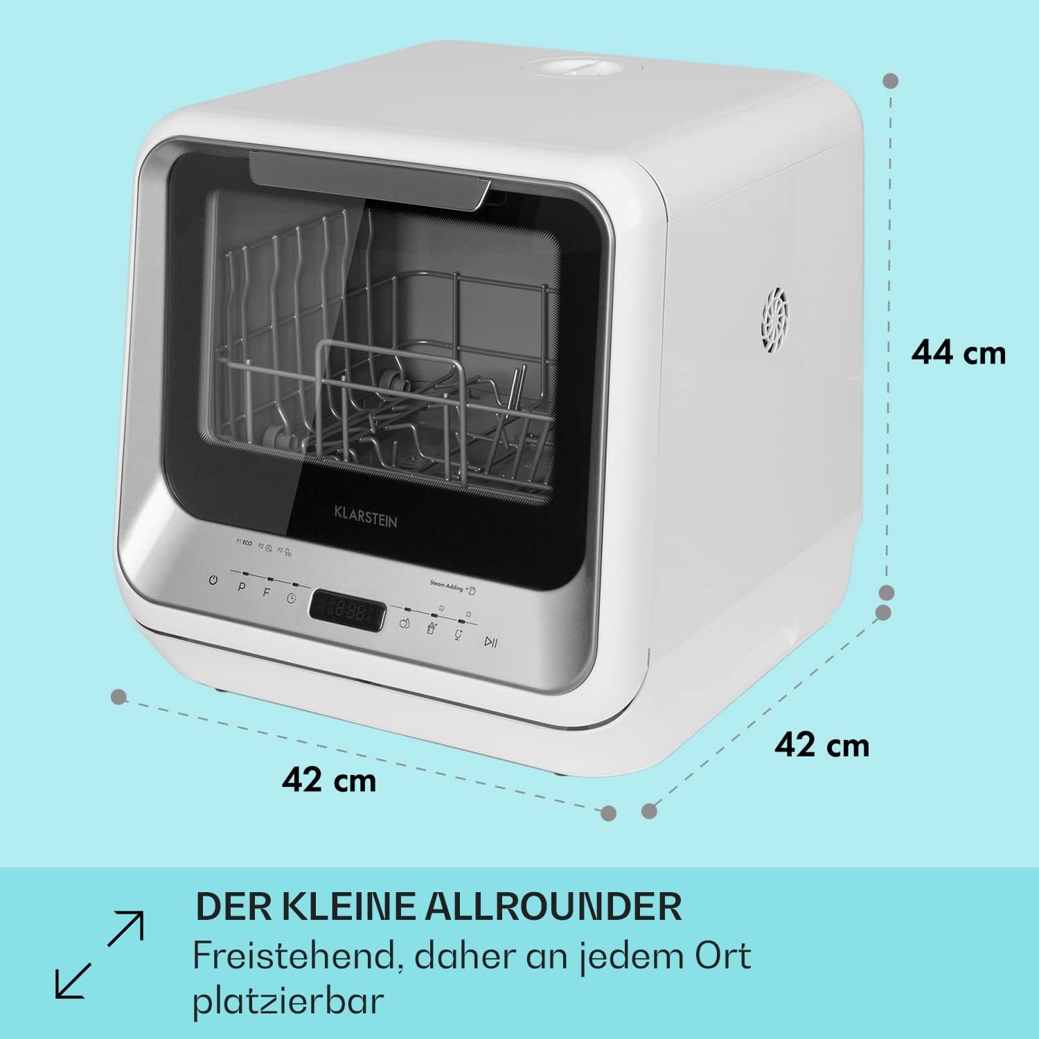 Klarstein  ia Mini Geschirrspüler, Spülmaschine mit Platz für 2 Maßgedecke, 6 Programme, 5 L Wasser benötigt, LED-Display, Touch, Tischgeschirrspüler inkl. Zubehör, schwarz