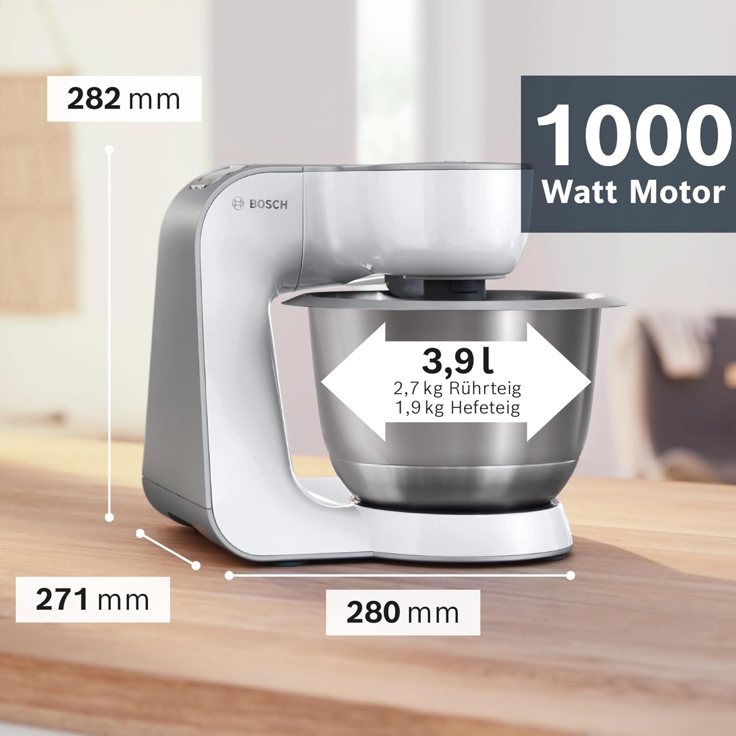 Bosch Küchenmaschine Serie 4 MUM58720,Edelstahl-Schüssel 3,9 L, Mixer 1,25 L, Planetenrührwerk,Knethaken,Schlag,Rührbesen, Durchlaufschnitzler, 3 Scheiben, 1000 W, Dunkelrot/Silber