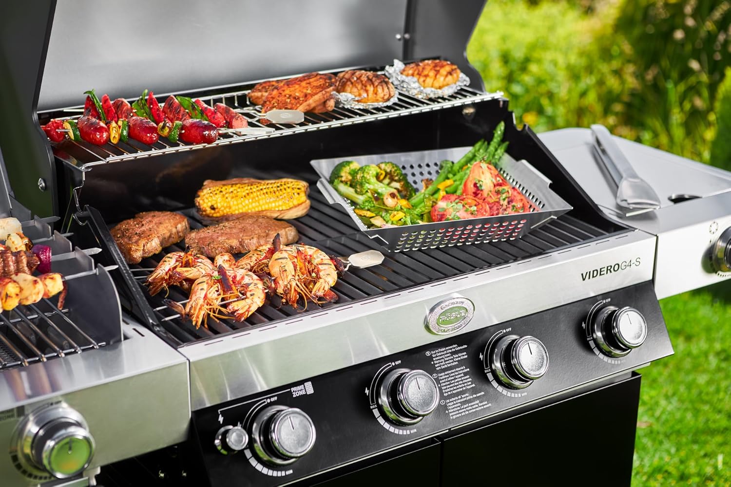 RÖSLE Elektrogrill BBQ-Portable Videro E2-P, tragbarer Tischgrill mit 2 Brennern, Warmhalterost und Deckel mit Glaseinsatz, pulverbeschichteter Stahl, schwarz/silbern