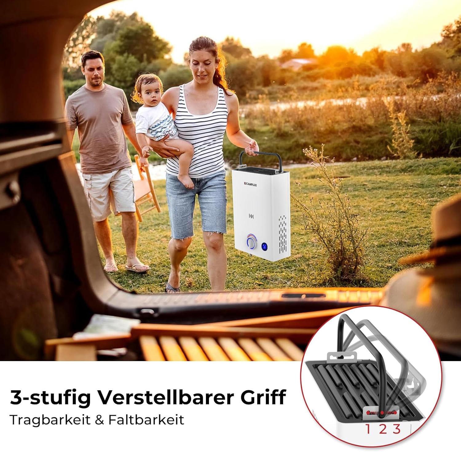 CAMPLUX 10 Liter Gasdurchlauferhitzer mit 3-stufig Verstellbarem Griff F10-DE, LPG, 50mbar, für Campingdusche/Wohnmobilausflug, Serie First